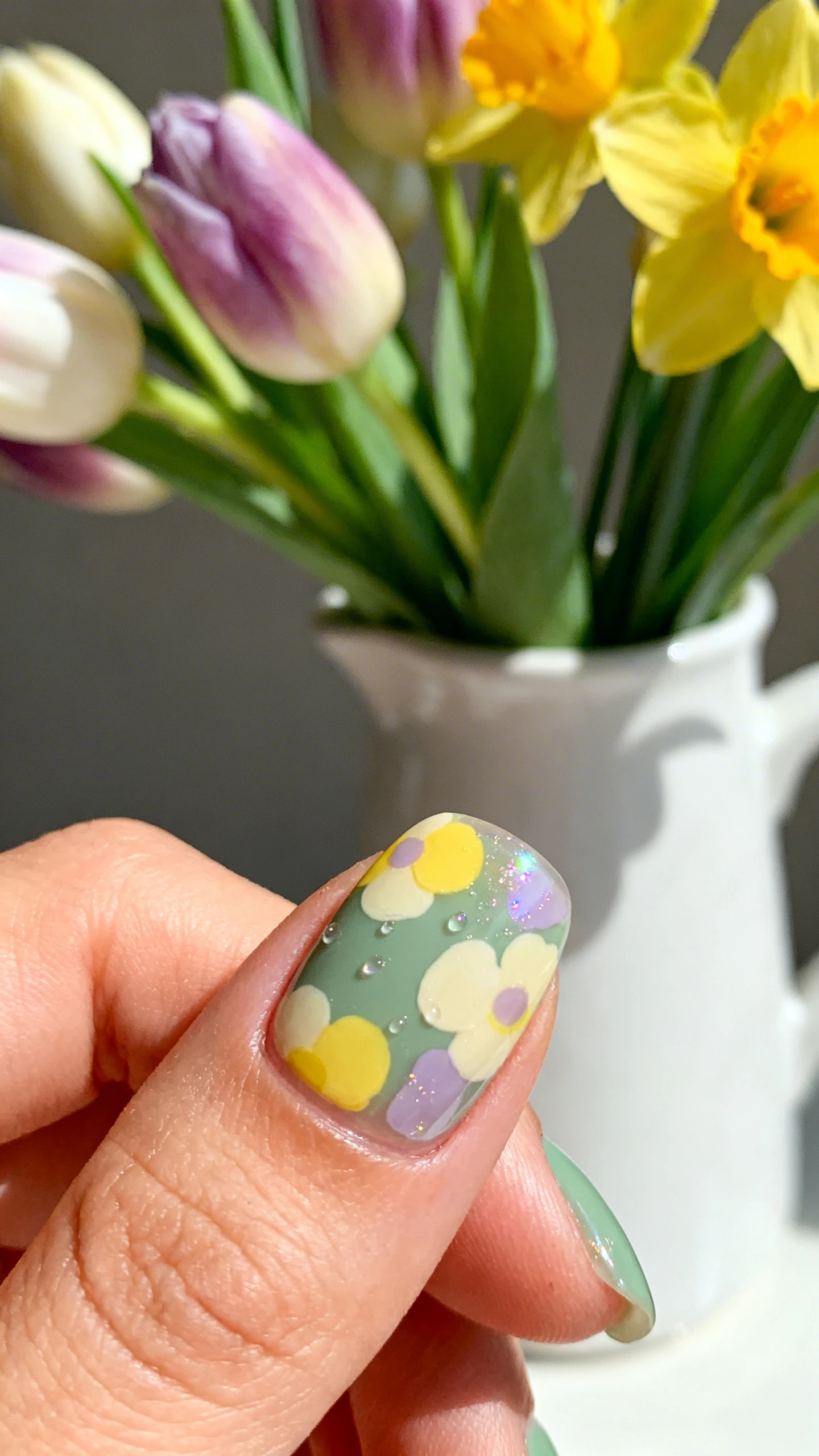 A beautiful macro photograph of one hand showing a nail design with a soft sage green base serving as a backdrop for abstract, multi-colored floral blobs in yellow, cream, and lavender. The entire nail is sealed with a sheer, jelly-like top coat filled with sparse holographic glitter flakes, mimicking the appearance of morning dew drops. High-resolution, sharp focus on the nails. Aesthetic background of fresh tulips and daffodils in a white ceramic vase with natural sunlight. Modern, Instagram-worthy photography style. No faces visible, focus ONLY on the nails and hand., macro nail photography, high quality, Instagram-worthy, clean composition
