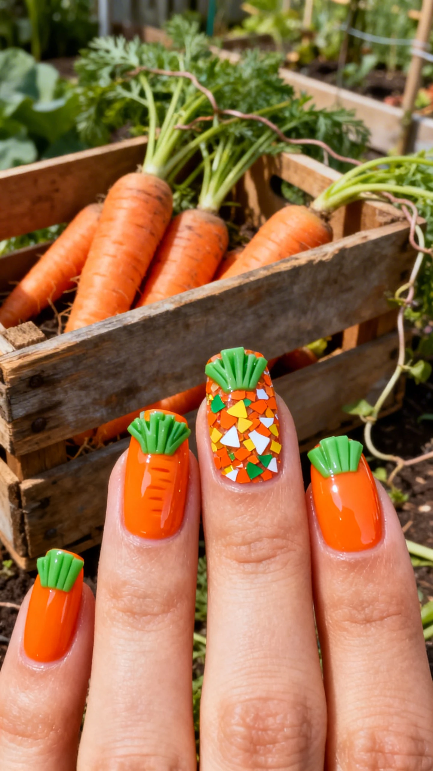 A beautiful macro photograph of one hand showing a nail design painted in a bright, glossy tangerine orange. The tips of the nails are accented with a fresh green block color to resemble carrot tops. Over the orange base, a dense confetti glitter top coat is applied, featuring various shapes of glitter in orange, green, yellow, and white. High-resolution, sharp focus on the nails. Aesthetic background of a rustic wooden crate filled with fresh carrots and garden vines. Modern, Instagram-worthy photography style. No faces visible, focus ONLY on the nails and hand., macro nail photography, high quality, Instagram-worthy, clean composition