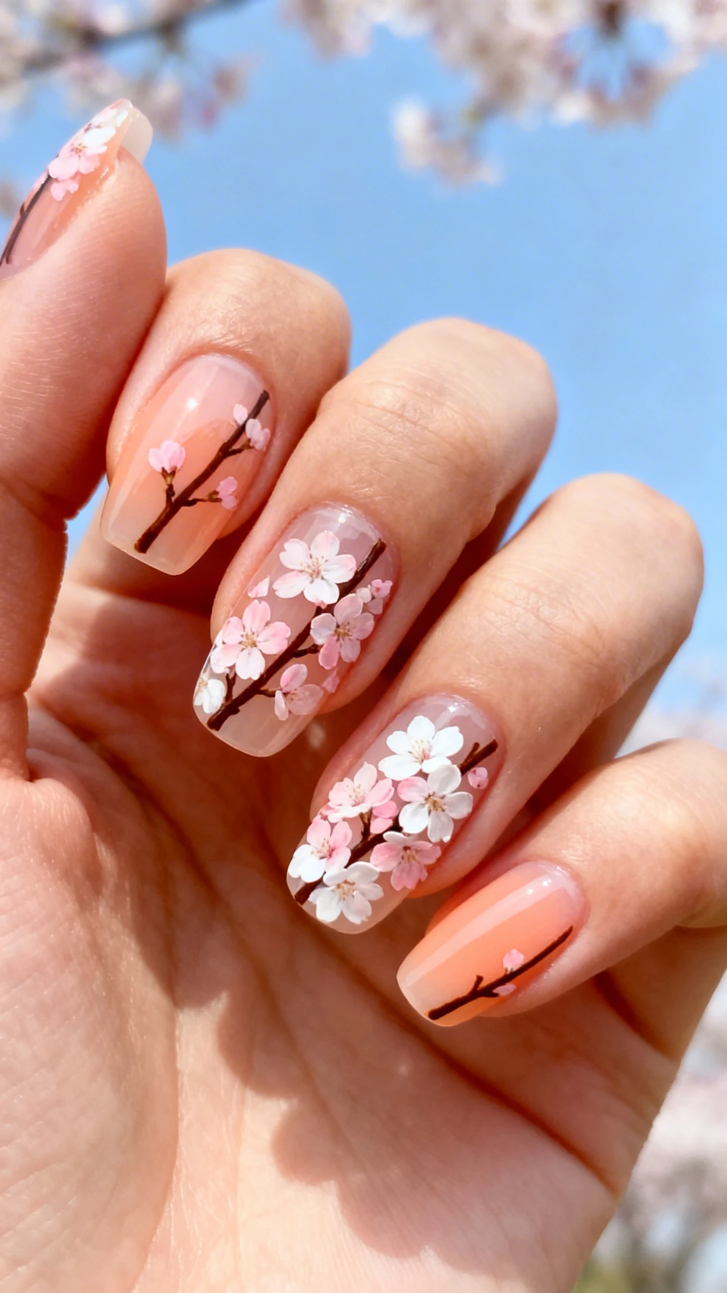 A beautiful macro photograph of one hand showing a manicure with a soft, translucent peach base that mimics the natural nail. Thin, dark brown branches are painted diagonally across the nails. Clusters of light pink and white cherry blossom petals create a lush, textural look along the branches. The background shows a soft spring sky. High-resolution, sharp focus on the nails, modern Instagram-worthy photography style, no faces visible, focus ONLY on the nails and hand., macro nail photography, high quality, Instagram-worthy, clean composition