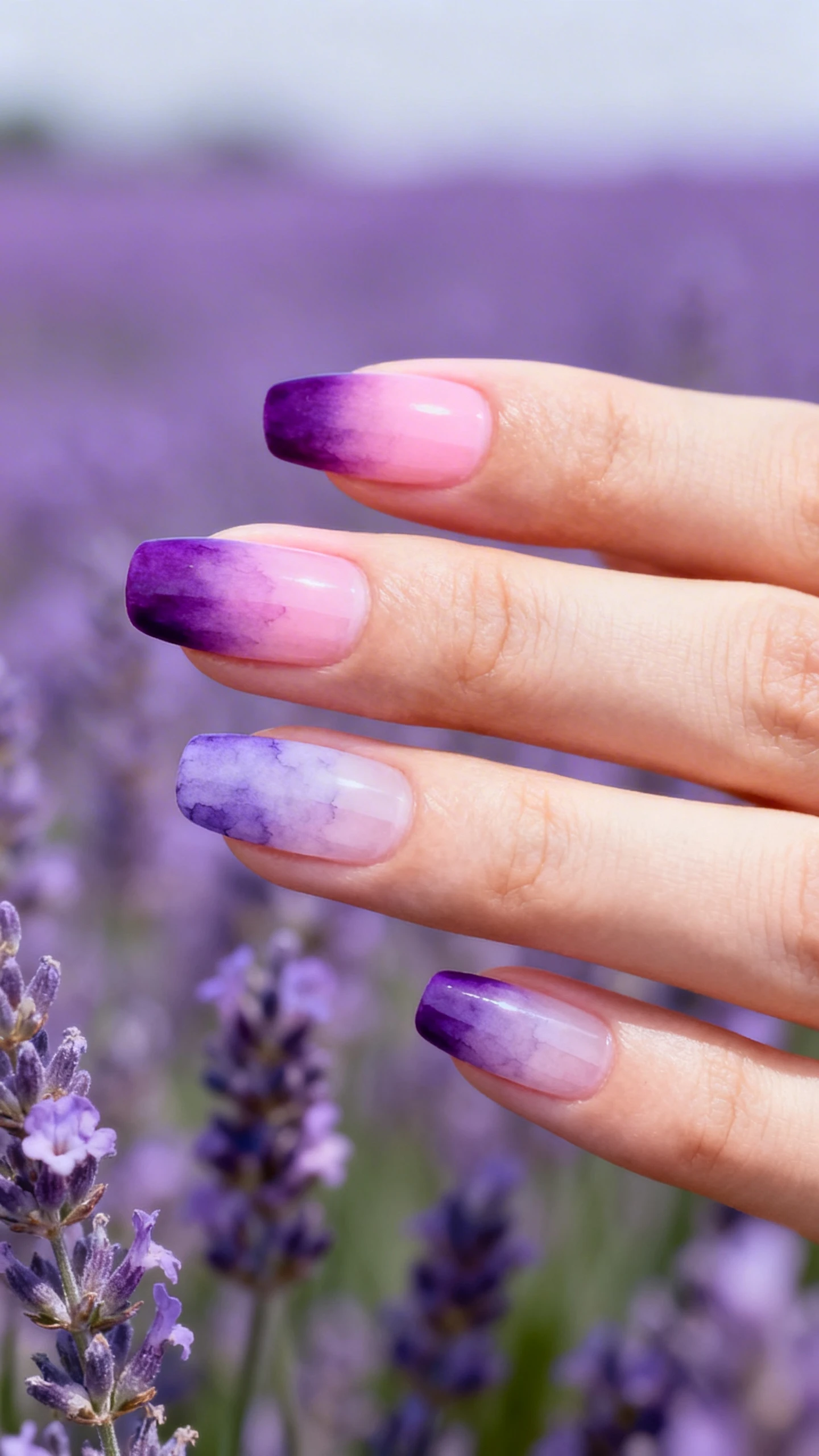 A beautiful macro photograph of one hand showing a French tip manicure in detail. The nails feature a soft, sheer pink base. The French tips are a gradient ombre fading from a deep, rich purple at the very free edge down to a sheer, misty lavender that blends perfectly into the base color, creating a soft and airy watercolor transition with no hard line. High-resolution, sharp focus on the nails. Aesthetic background of a lavender field or a dreamy purple haze. Modern, Instagram-worthy photography style. No faces visible, focus ONLY on the nails and hand., macro nail photography, high quality, Instagram-worthy, clean composition