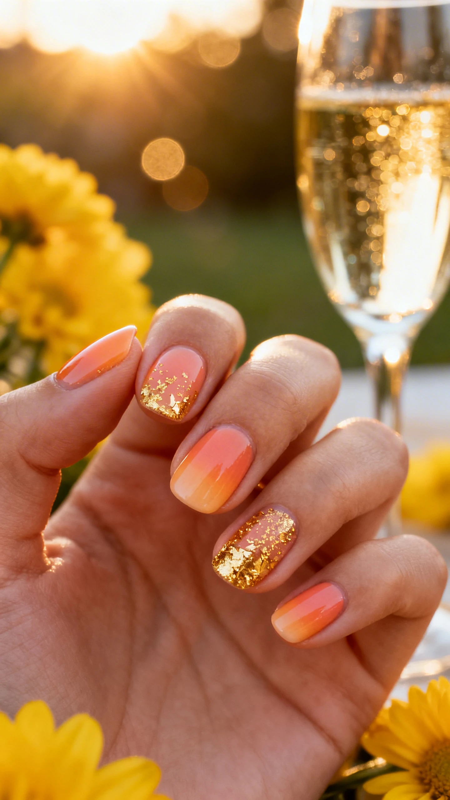 A beautiful macro photograph of one hand showing a nail design with a warm apricot and peach gradient base featuring gold metallic flake speckles that shimmer in the light. The nails are rounded. The background is a sunny outdoor setting with blurred golden hour bokeh, yellow flowers, and a glass of champagne. High-resolution, sharp focus on the nails, modern Instagram-worthy photography style., macro nail photography, high quality, Instagram-worthy, clean composition