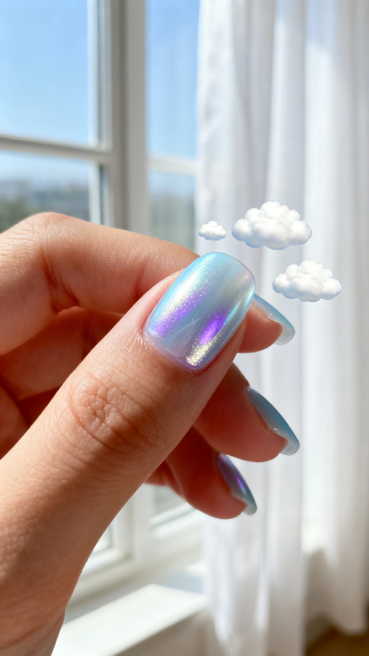 A beautiful macro photograph of one hand showing a soft, sky-blue pearl polish with a semi-translucent, jelly-like consistency and a reflective finish shifting towards violet and silver. The ring finger features three fluffy white cloud shapes floating near the cuticle. High-resolution, sharp focus on the nails. Aesthetic background of a bright, airy window view with soft white curtains. Modern, Instagram-worthy photography style. No faces visible, focus ONLY on the nails and hand., macro nail photography, high quality, Instagram-worthy, clean composition