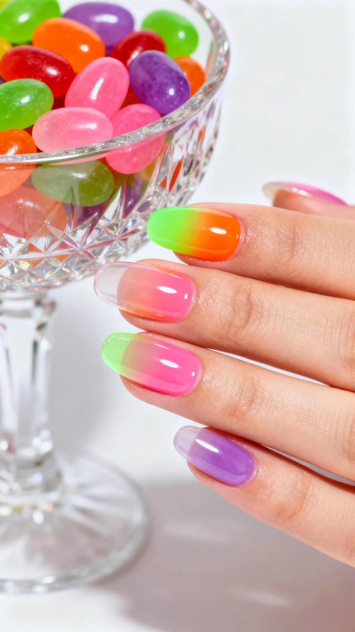 A beautiful macro photograph of one hand showing a nail design featuring The Jelly Jellybean Gradient. The nails have a translucent, glossy jelly finish with a smooth, seamless gradient blending neon green, orange, pink, and purple jellybean shades. High-resolution, sharp focus on the nails. Aesthetic background of a crystal bowl filled with colorful, shiny jellybeans. Modern, Instagram-worthy photography style. No faces visible, focus ONLY on the nails and hand., macro nail photography, high quality, Instagram-worthy, clean composition