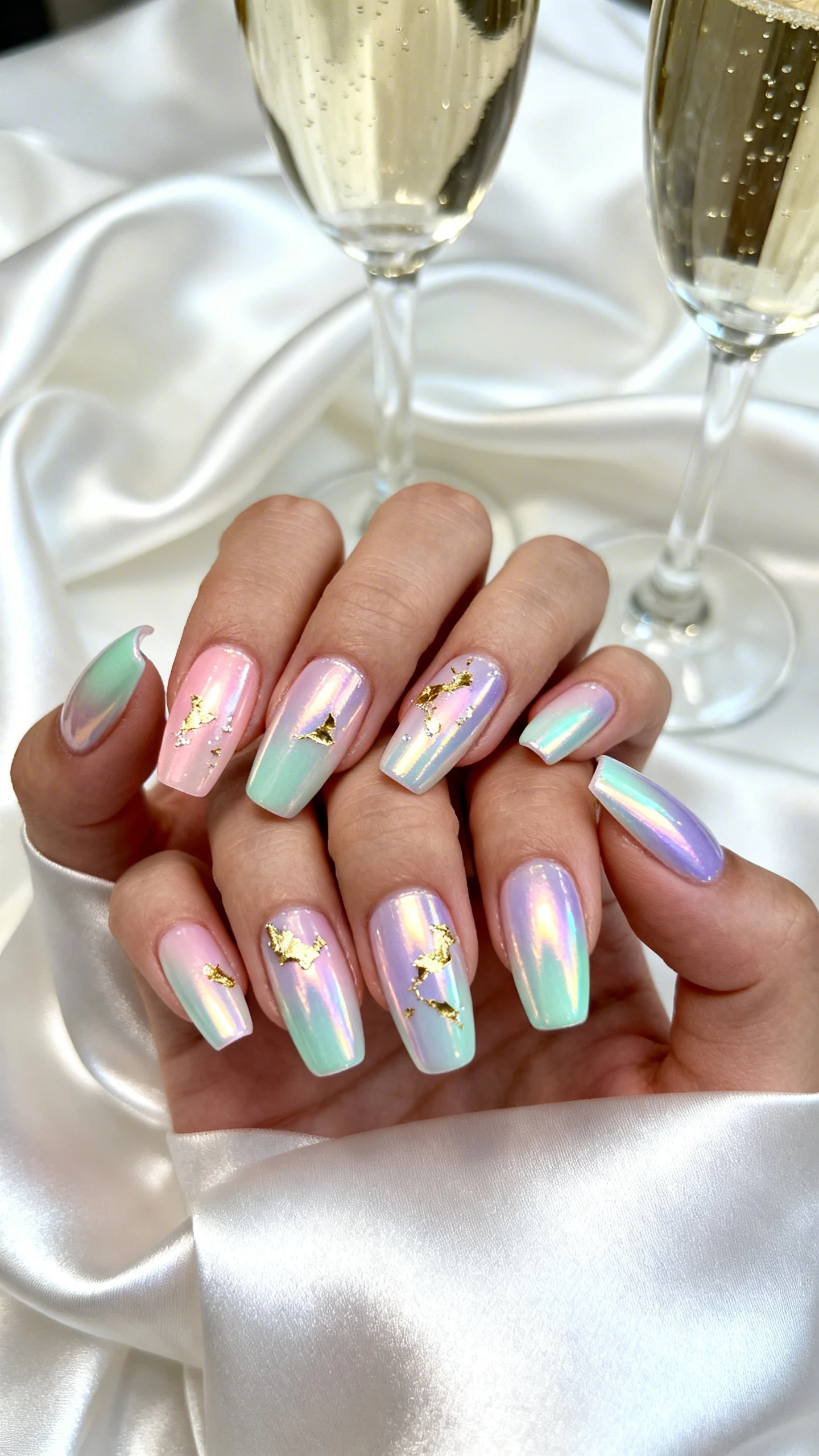 A beautiful macro photograph of one hand showing a set of press-on nails with a smooth, iridescent chrome finish. The base color shifts from pale pink to mint green to soft lavender depending on the angle of the light, creating a prismatic effect. Some nails feature delicate gold foil flakes pressed into the chrome for added texture and sparkle. The background is a luxurious setting with white satin fabric and champagne glasses. High-resolution, sharp focus on the nails. Modern, Instagram-worthy photography style. No faces visible, focus ONLY on the nails and hand., macro nail photography, high quality, Instagram-worthy, clean composition