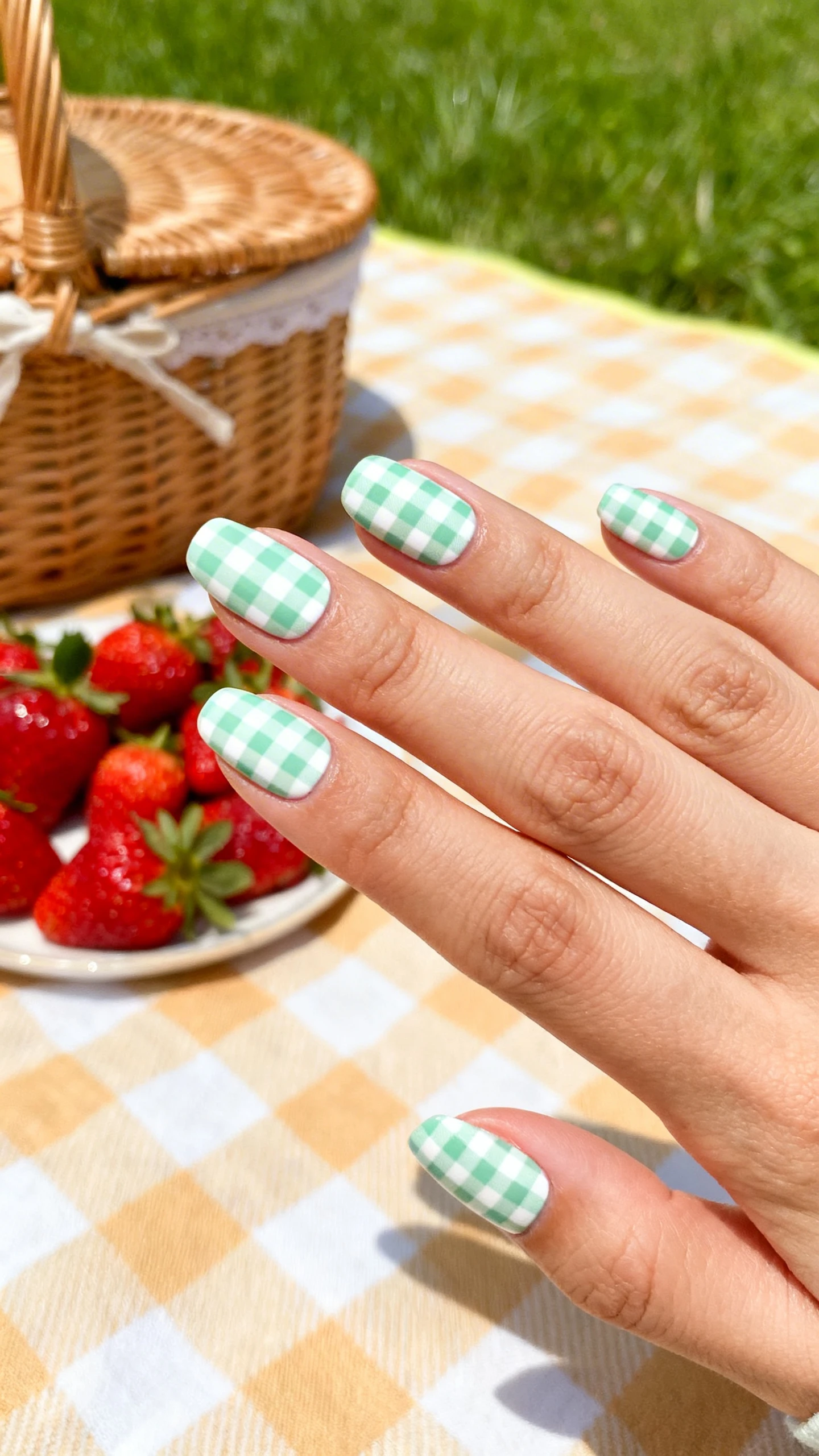 A beautiful macro photograph of one hand showing a pastel gingham plaid nail design featuring a classic checkered pattern in soft mint green and white, reminiscent of a picnic tablecloth. High-resolution, sharp focus on the nails. Aesthetic background of a picnic setup with a wicker basket, fresh strawberries, and a gingham blanket on grass. Modern, Instagram-worthy photography style. No faces visible, focus ONLY on the nails and hand., macro nail photography, high quality, Instagram-worthy, clean composition