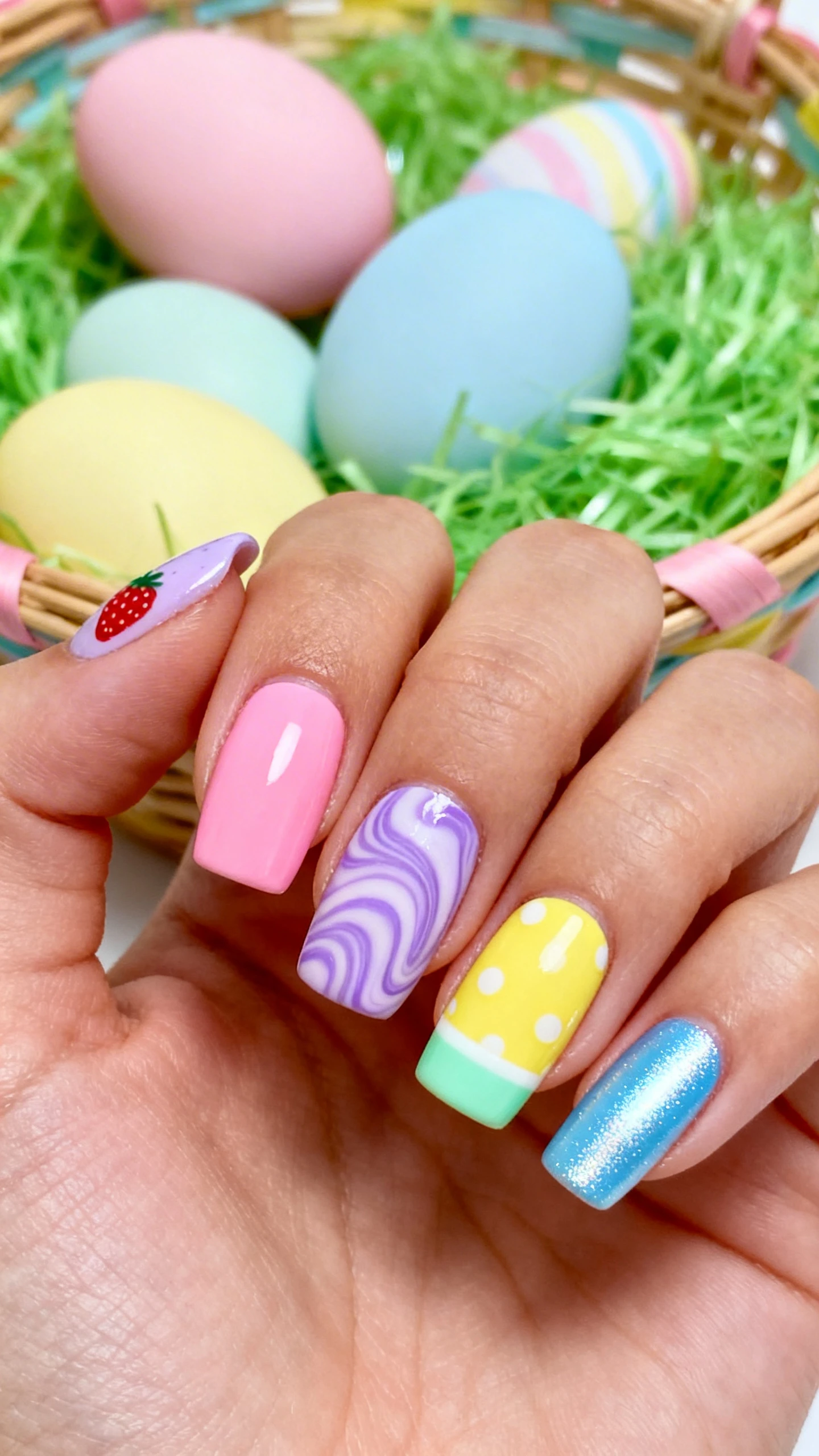 A beautiful macro photograph of one hand showing a mix-and-match Easter nail set combining all five spring colors: one nail in strawberry milk pink, one in lavender swirls, one in lemon yellow with dots, one in mint green French tips, and one in baby blue chrome. High-resolution, sharp focus on the nails. Aesthetic background of a colorful Easter basket with pastel eggs and faux grass. Modern, Instagram-worthy photography style. No faces visible, focus ONLY on the nails and hand., macro nail photography, high quality, Instagram-worthy, clean composition