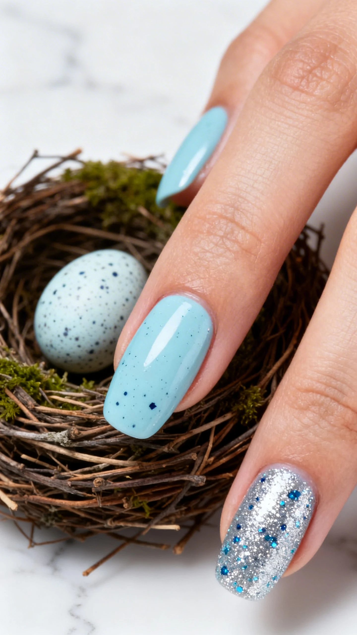 A beautiful macro photograph of one hand showing a nail design with a smooth, light robin's egg blue base color. The nails are coated in a specialized fine glitter top coat containing silver and darker blue specks, creating a realistic textured speckled egg effect. High-resolution, sharp focus on the nails. Aesthetic background of a decorative bird's nest made of twigs and moss resting on a white marble surface. Modern, Instagram-worthy photography style. No faces visible, focus ONLY on the nails and hand., macro nail photography, high quality, Instagram-worthy, clean composition