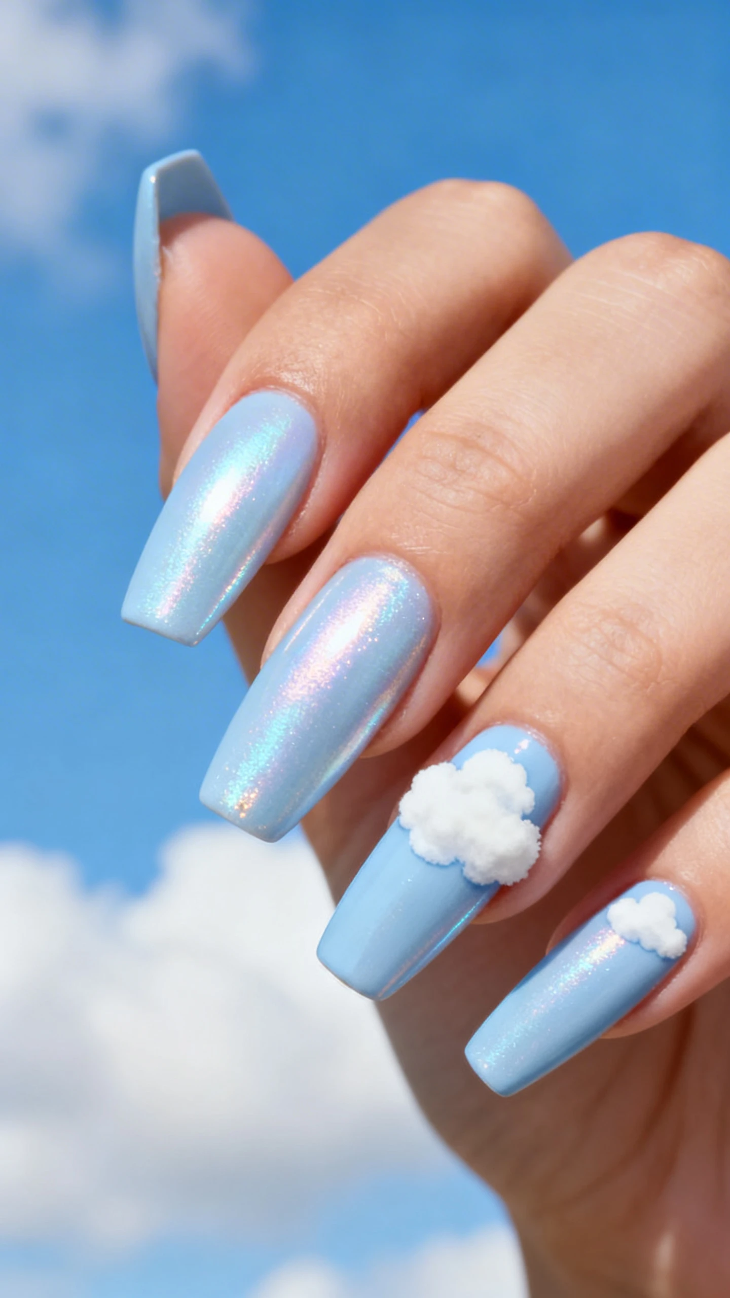 A beautiful macro photograph of one hand showing coffin-shaped nails painted in a powdery, soft baby blue with a shimmering pearlized chrome finish that reflects light. On the thumb and pinky finger, there are fluffy white cloud shapes hand-painted near the cuticle area using a stippling technique to create texture. High-resolution, sharp focus on the nails. Aesthetic background of a dreamy blue sky with soft white clouds. Modern, Instagram-worthy photography style. No faces visible, focus ONLY on the nails and hand., macro nail photography, high quality, Instagram-worthy, clean composition
