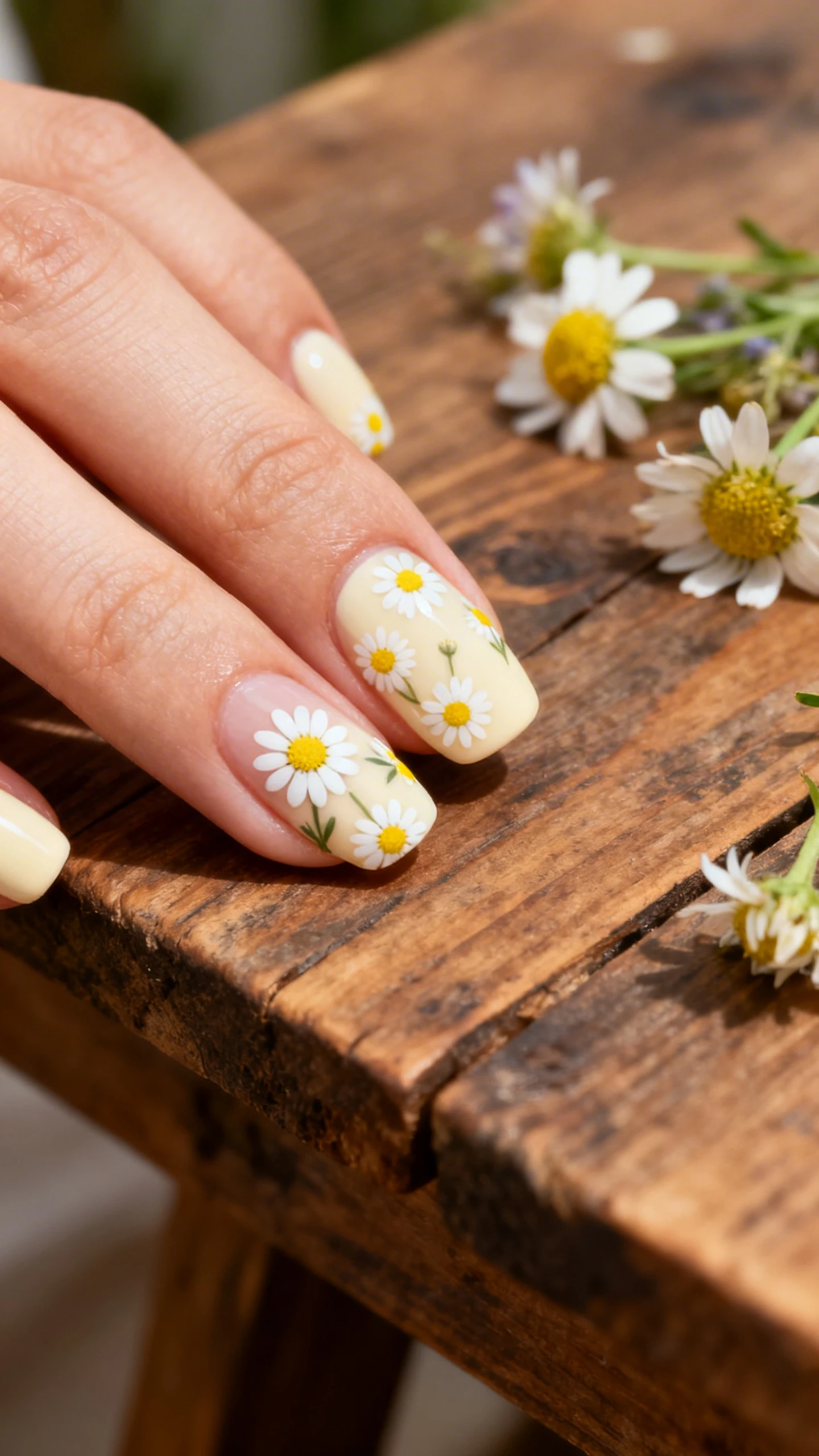 A beautiful macro photograph of one hand showing dainty daisy nail art. The nails feature a smooth cream-colored base with delicate white daisies and yellow centers scattered artistically across the nail bed. High-resolution, sharp focus on the nails. The background is a rustic wooden table with a few scattered fresh wildflowers. Modern, Instagram-worthy photography style. No faces visible, focus ONLY on the nails and hand., macro nail photography, high quality, Instagram-worthy, clean composition