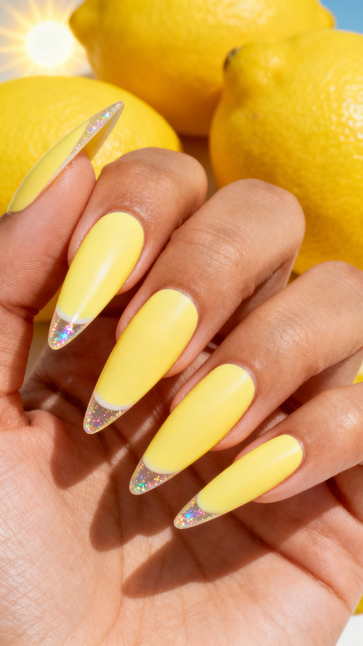 A beautiful macro photograph of one hand showing long, sharp stiletto nails painted in a vibrant, opaque pastel lemon yellow with a crème finish. The nails feature a "micro-French" tip, where just the very tips are painted in a sheer, iridescent glitter. High-resolution, sharp focus on the nails. Aesthetic background of bright yellow lemons and sunshine. Modern, Instagram-worthy photography style. No faces visible, focus ONLY on the nails and hand., macro nail photography, high quality, Instagram-worthy, clean composition