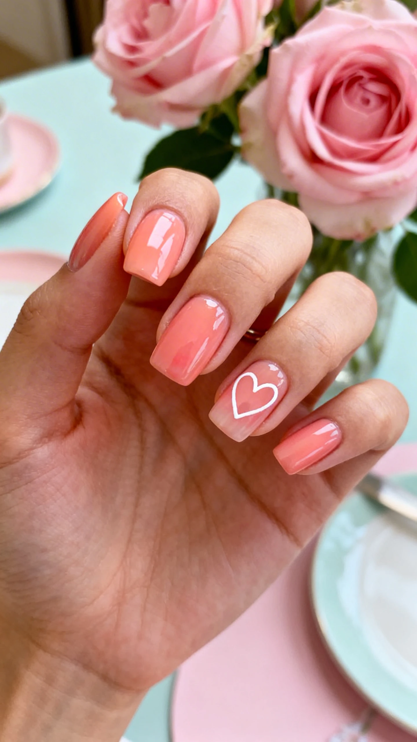 A beautiful macro photograph of one hand showing medium-length, squoval-shaped nails painted in a warm, milky pastel pink with subtle strawberry undertones and a high-gloss finish. The ring finger features a simple hand-painted white heart outline near the cuticle. High-resolution, sharp focus on the nails. Aesthetic background featuring soft pink roses and a pastel table setting. Modern, Instagram-worthy photography style. No faces visible, focus ONLY on the nails and hand., macro nail photography, high quality, Instagram-worthy, clean composition