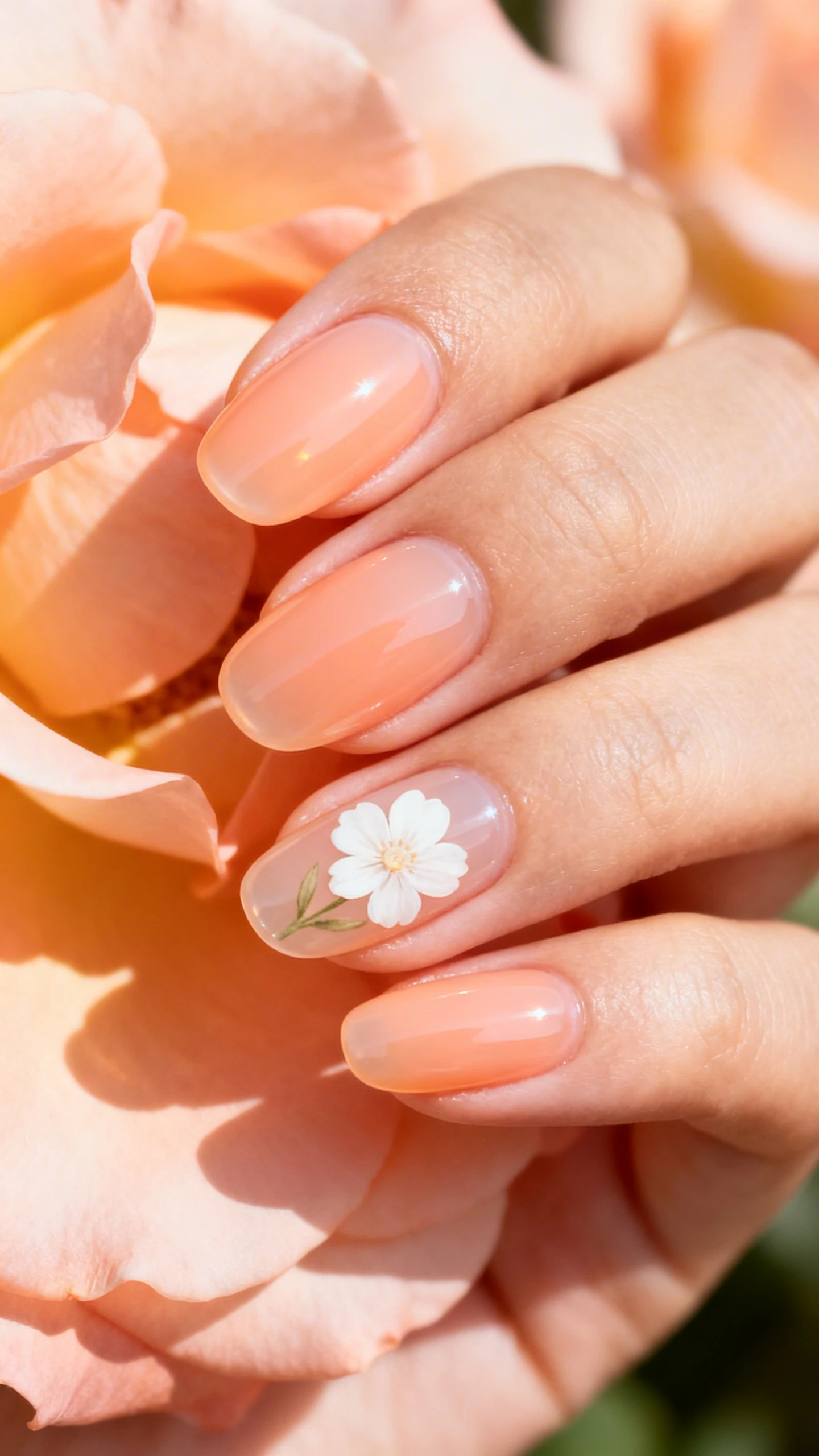 A beautiful macro photograph of one hand showing medium length rounded almond nails painted in a soft, glowing pastel peach with a subtle jelly-like translucency. The finish is a creamy, semi-gloss sheen. One accent nail features a single, delicate hand-painted white flower. High-resolution, sharp focus on the nails. Aesthetic background of soft peach petals and warm morning light. Modern, Instagram-worthy photography style. No faces visible, focus ONLY on the nails and hand., macro nail photography, high quality, Instagram-worthy, clean composition