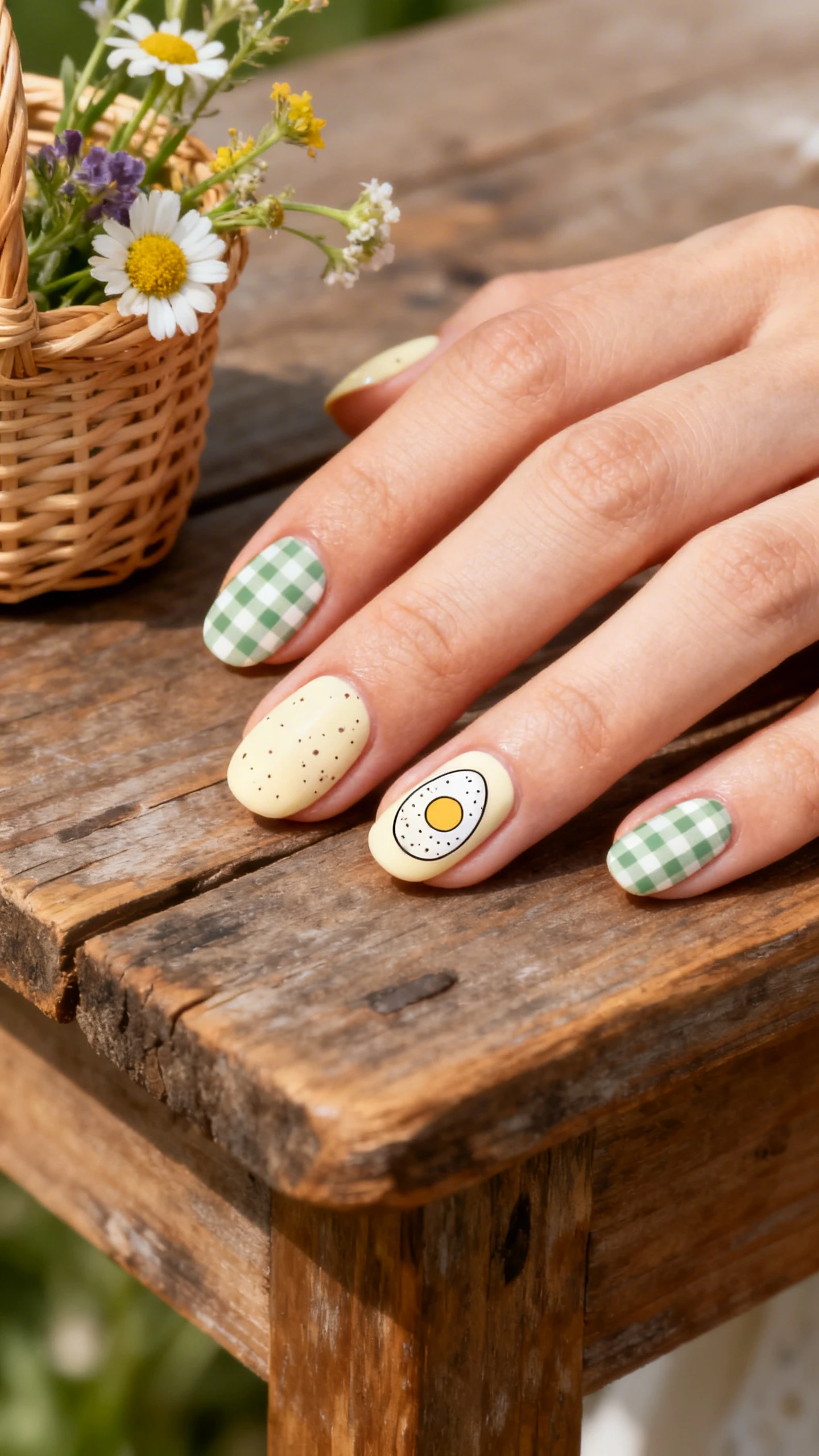 A beautiful macro photograph of one hand showing medium oval nails. The base color is a soft pastel cream featuring cottage-core gingham check patterns and speckled egg nail stickers. High-resolution, sharp focus on the nails. Aesthetic background of a rustic wooden table with a small wicker basket and wildflowers. Modern, Instagram-worthy photography style. No faces visible, focus ONLY on the nails and hand., macro nail photography, high quality, Instagram-worthy, clean composition