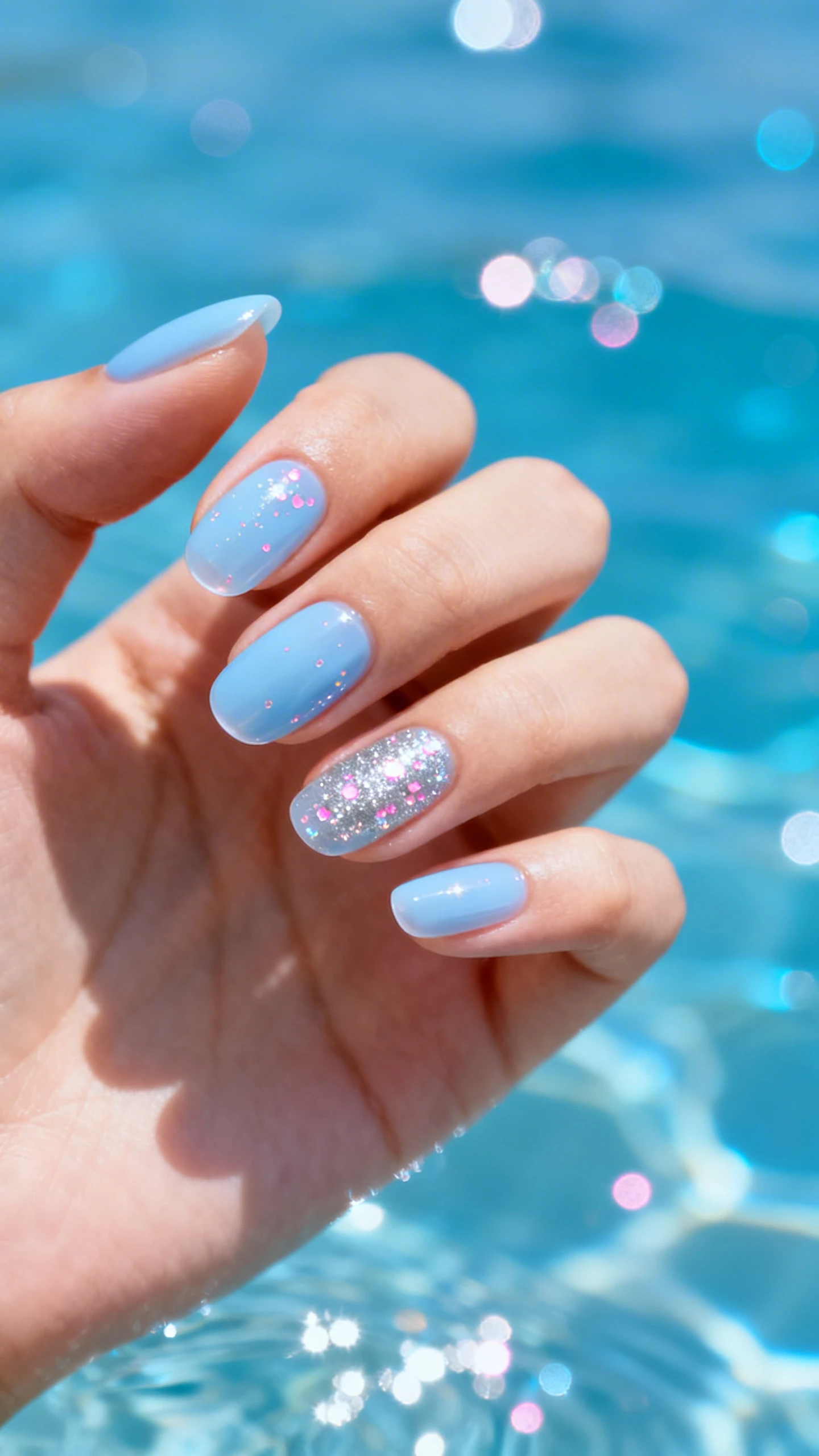 A beautiful macro photograph of one hand showing medium length classic oval nails painted in a soft baby blue with a jelly-like finish. Suspended within the blue color are countless tiny, holographic micro-glitters that shimmer silver and pink in the light. High-resolution, sharp focus on the nails. Aesthetic background of sparkling blue water and bokeh lights. Modern, Instagram-worthy photography style. No faces visible, focus ONLY on the nails and hand., macro nail photography, high quality, Instagram-worthy, clean composition