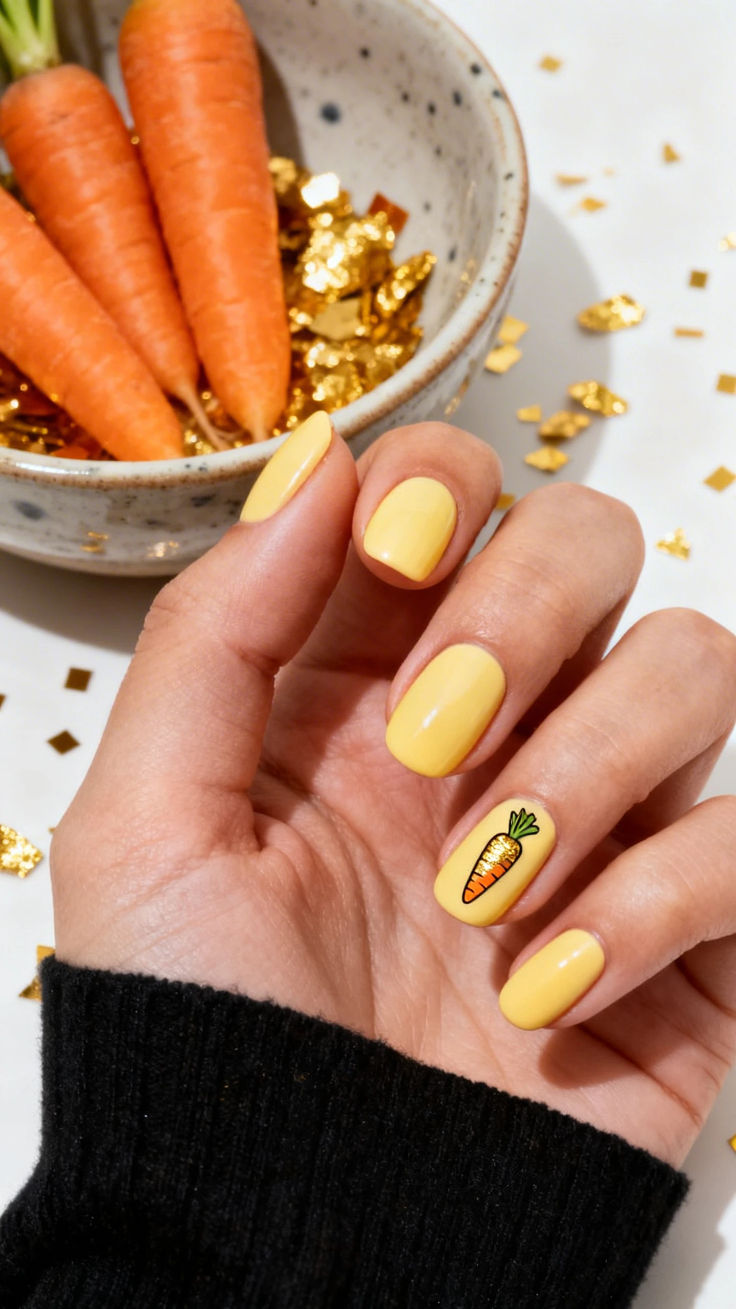 A beautiful macro photograph of one hand showing medium-length round nails. The base color is a soft, buttery yellow featuring golden foil carrot accent stickers. High-resolution, sharp focus on the nails. Aesthetic background of a ceramic bowl with real carrots and golden confetti. Modern, Instagram-worthy photography style. No faces visible, focus ONLY on the nails and hand., macro nail photography, high quality, Instagram-worthy, clean composition