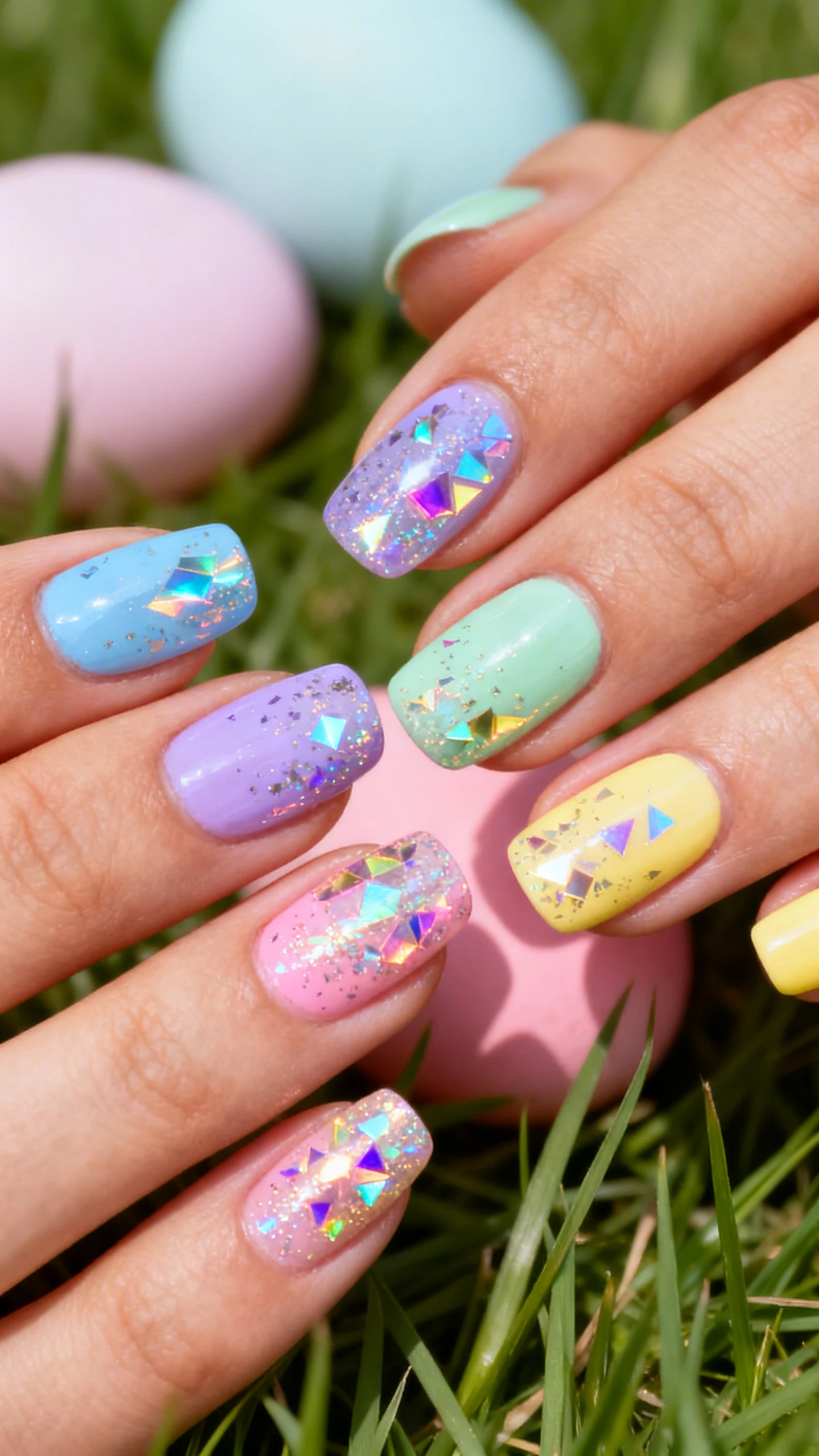 A beautiful macro photograph of one hand showing nails painted in a mix of soft pastel polishes including baby blue, lavender, mint green, pale pink, and buttery yellow, with each nail featuring a different color. A heavy, prismatic holographic chrome powder is applied over the entire nail, creating a rainbow reflection. The aesthetic background features a soft Easter egg hunt scene with blurred pastel eggs and fresh grass. Modern, Instagram-worthy photography style, high-resolution, sharp focus on the nails, no faces visible., macro nail photography, high quality, Instagram-worthy, clean composition