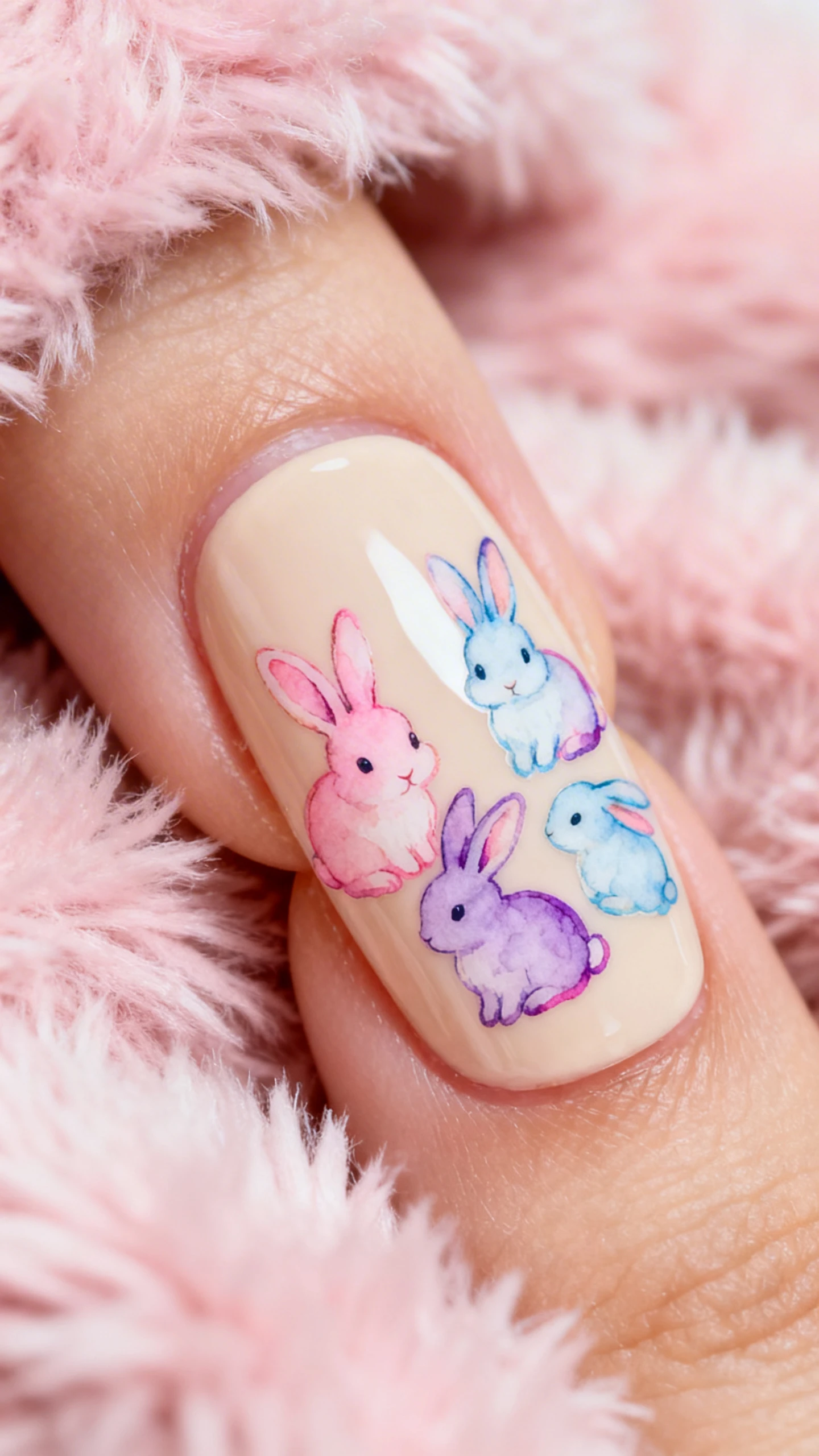 A beautiful macro photograph of one hand showing nail art in detail. The nails have a soft, translucent creamy beige base coat. Accent nails feature watercolor-style bunnies painted in soft pastel pink, baby blue, and lavender, defined by deeper shades of the pastel colors without harsh black outlines. High-resolution, sharp focus on the nails. Aesthetic background of a fluffy, pastel pink faux fur blanket. Modern, Instagram-worthy photography style. No faces visible., macro nail photography, high quality, Instagram-worthy, clean composition