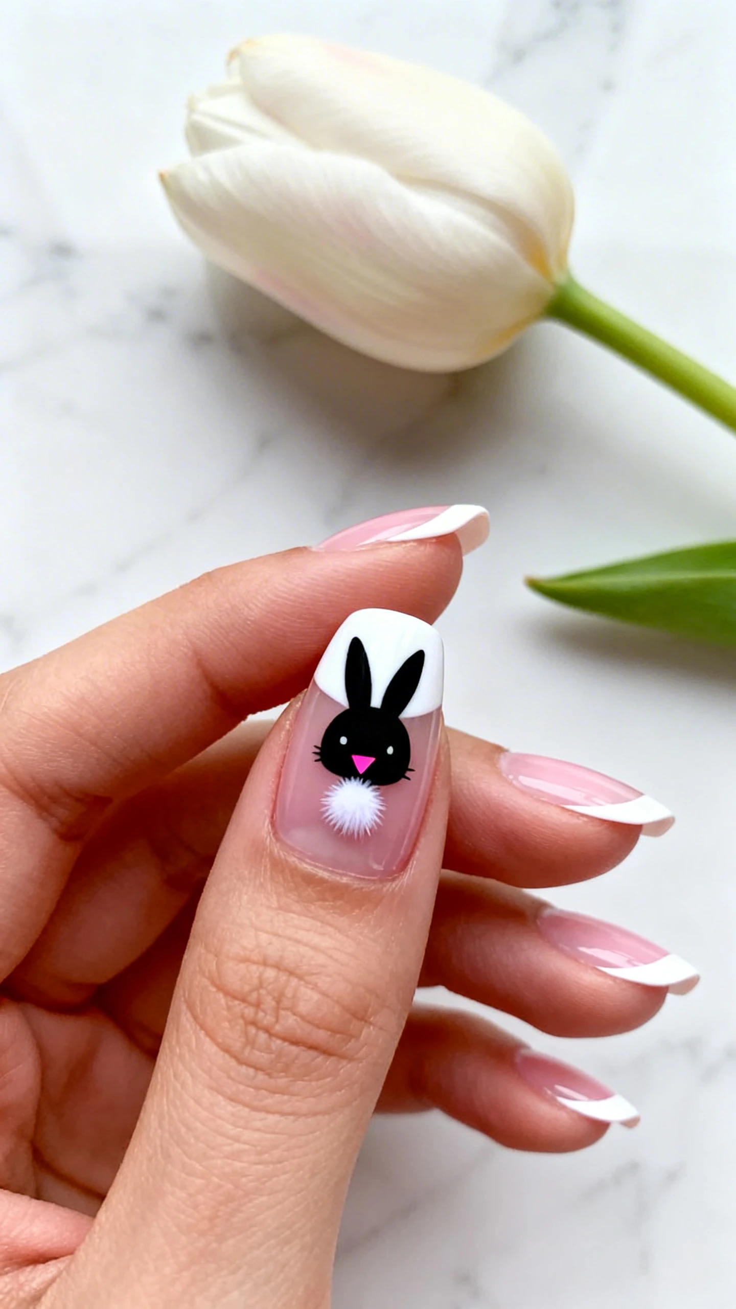 A beautiful macro photograph of one hand showing nail art in detail. The nails have a clear or very pale pink base with crisp, opaque white arcs in a classic French manicure style. A black silhouette of a bunny head is positioned just below the white tip on the accent nail, looking upwards with a tiny pink triangular nose and a white fluffy tail. High-resolution, sharp focus on the nails. Aesthetic background of a smooth white marble surface with a single blooming tulip. Modern, Instagram-worthy photography style. No faces visible., macro nail photography, high quality, Instagram-worthy, clean composition