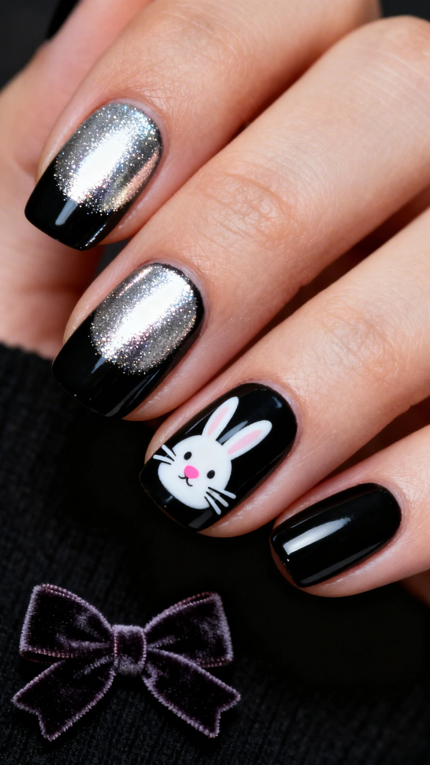 A beautiful macro photograph of one hand showing nails with an opaque jet black base coat. Four nails feature a blindingly bright silver mirror chrome powder rubbed over the black base, creating a perfect reflective surface like a polished mirror. The ring finger accent nail features a cute minimalist bunny face design with a pink nose and white whiskers on the black background. The aesthetic background is sleek and dark with a small velvet Easter bow. Modern, Instagram-worthy photography style, high-resolution, sharp focus on the nails, no faces visible., macro nail photography, high quality, Instagram-worthy, clean composition