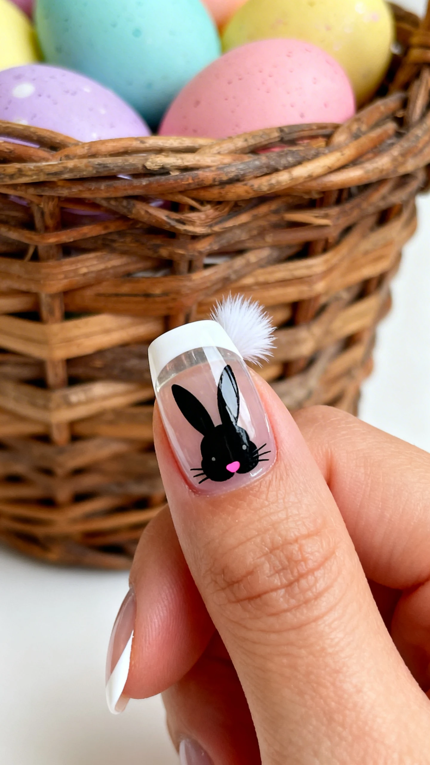 A beautiful macro photograph of one hand showing nail art in detail, focusing on the accent finger. The nail features a clear base with a classic white French tip. A black silhouette of a bunny head peeks out from below the tip, looking up with a tiny pink nose and fluffy white tail details. High-resolution, sharp focus on the nails. Aesthetic background of a rustic wicker basket filled with colorful Easter eggs. Modern, Instagram-worthy photography style. No faces visible., macro nail photography, high quality, Instagram-worthy, clean composition
