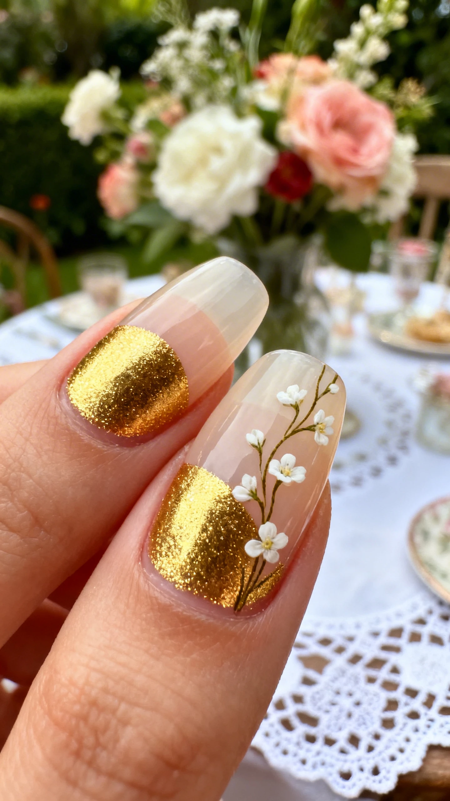 A beautiful macro photograph of one hand showing nails with a sheer, creamy beige jelly base color. A rich, intense gold chrome powder is concentrated at the cuticle line in a half-moon style. Delicate, hand-painted fine line vines and small white flowers extend from the gold chrome down the nail. The aesthetic background features a garden party setting with blurred fresh florals and a lace tablecloth. Modern, Instagram-worthy photography style, high-resolution, sharp focus on the nails, no faces visible., macro nail photography, high quality, Instagram-worthy, clean composition