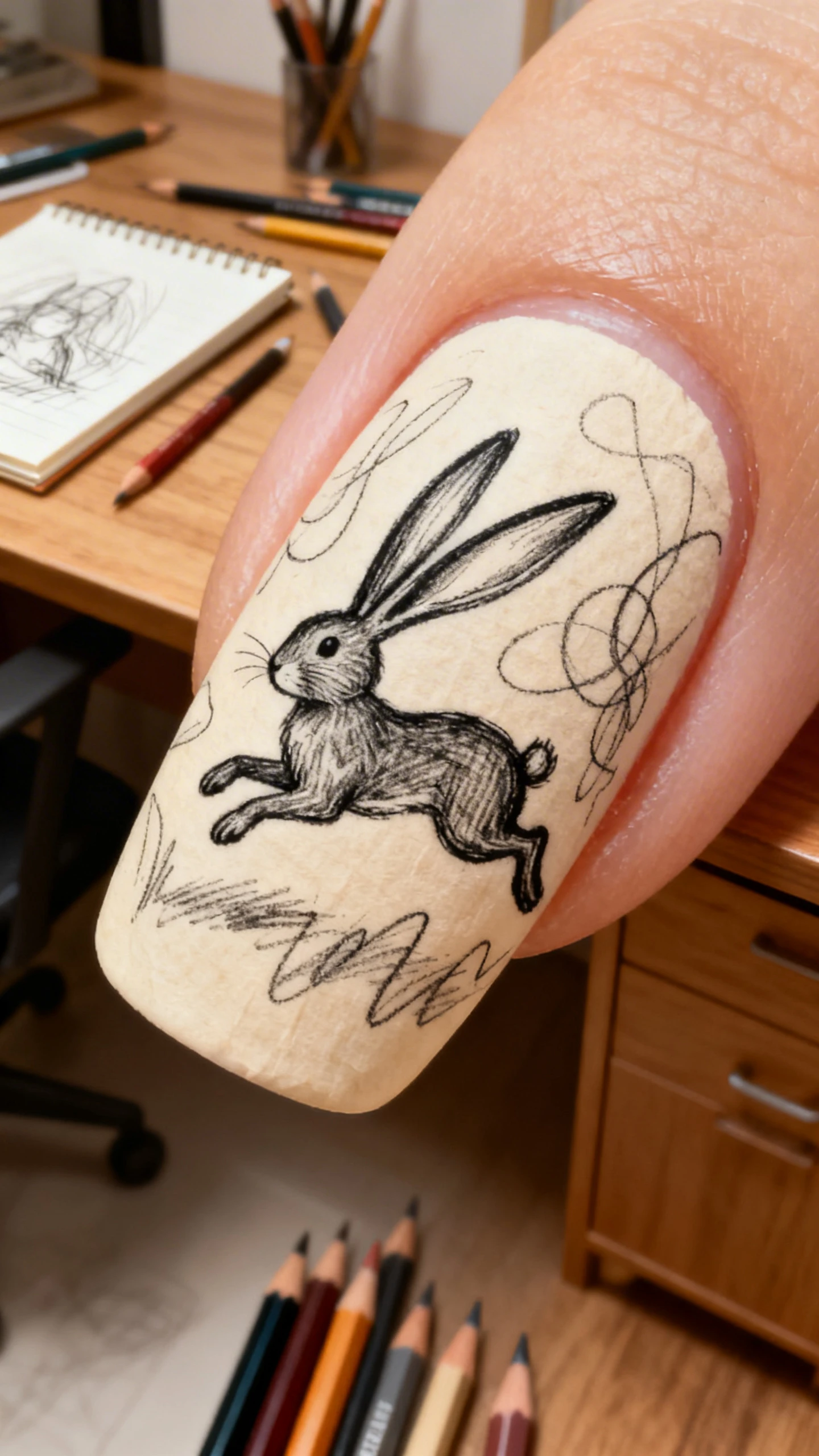 A beautiful macro photograph of one hand showing nail art in detail. The base color is a warm, soft cream resembling paper. The decals look like black graphite pencil sketches with loose, sketchy lines, featuring a bunny mid-jump with long, exaggerated ears, surrounded by abstract squiggles. High-resolution, sharp focus on the nails. Aesthetic background of a wooden desk with scattered artist's pencils and a sketchbook. Modern, Instagram-worthy photography style. No faces visible., macro nail photography, high quality, Instagram-worthy, clean composition