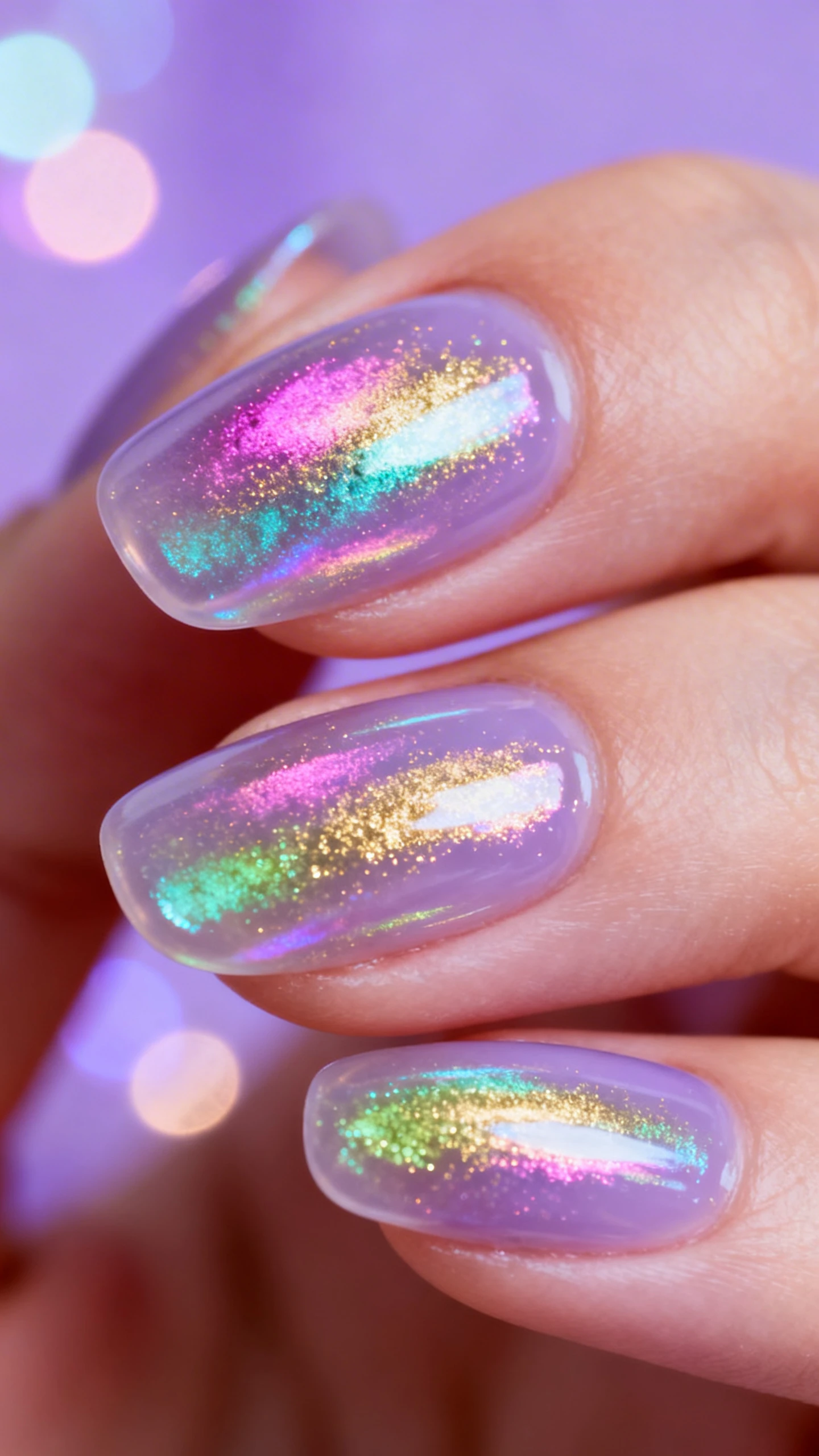 A beautiful macro photograph of one hand showing nails with a translucent, jelly-like lilac base. An aurora borealis chrome powder creates a shifting oil-slick effect, reflecting colors ranging from magenta and teal to gold and soft green over the purple base. The aesthetic background is dreamy and ethereal with soft bokeh lights and a purple tint. Modern, Instagram-worthy photography style, high-resolution, sharp focus on the nails, no faces visible., macro nail photography, high quality, Instagram-worthy, clean composition