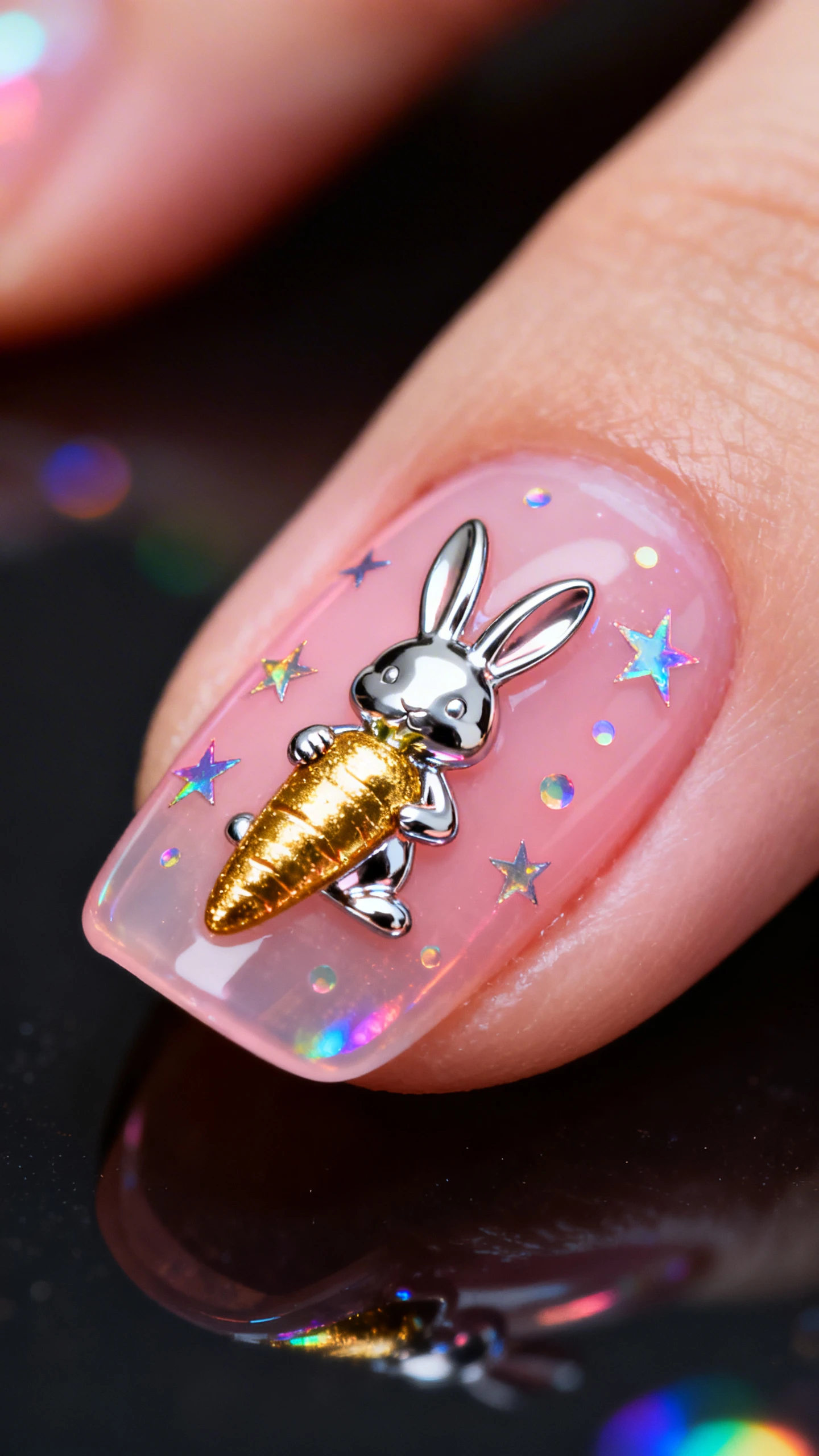 A beautiful macro photograph of one hand showing nail art in detail. The nails have a sheer, jelly pink base coat creating a see-through, glass-like effect. The design features a shiny, chrome silver bunny silhouette holding a shiny gold carrot, surrounded by holographic stars and dots that reflect rainbows. High-resolution, sharp focus on the nails. Aesthetic background of a dark, glossy surface with subtle iridescent light reflections. Modern, Instagram-worthy photography style. No faces visible., macro nail photography, high quality, Instagram-worthy, clean composition