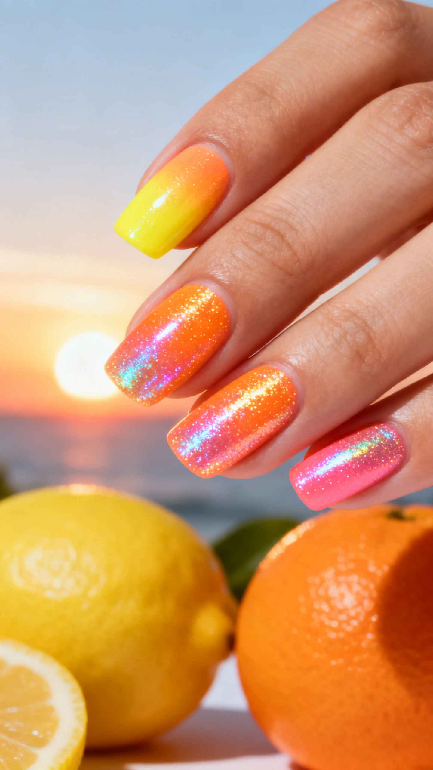 A beautiful macro photograph of one hand showing nails with a vibrant gradient blend starting with bright yellow at the cuticle, fading into tangerine orange, and ending in a coral pink at the free edge. A sparkling iridescent chrome powder is rubbed over the entire gradient. The aesthetic background features a bright sunrise setting with fresh citrus fruits like lemons and oranges. Modern, Instagram-worthy photography style, high-resolution, sharp focus on the nails, no faces visible., macro nail photography, high quality, Instagram-worthy, clean composition