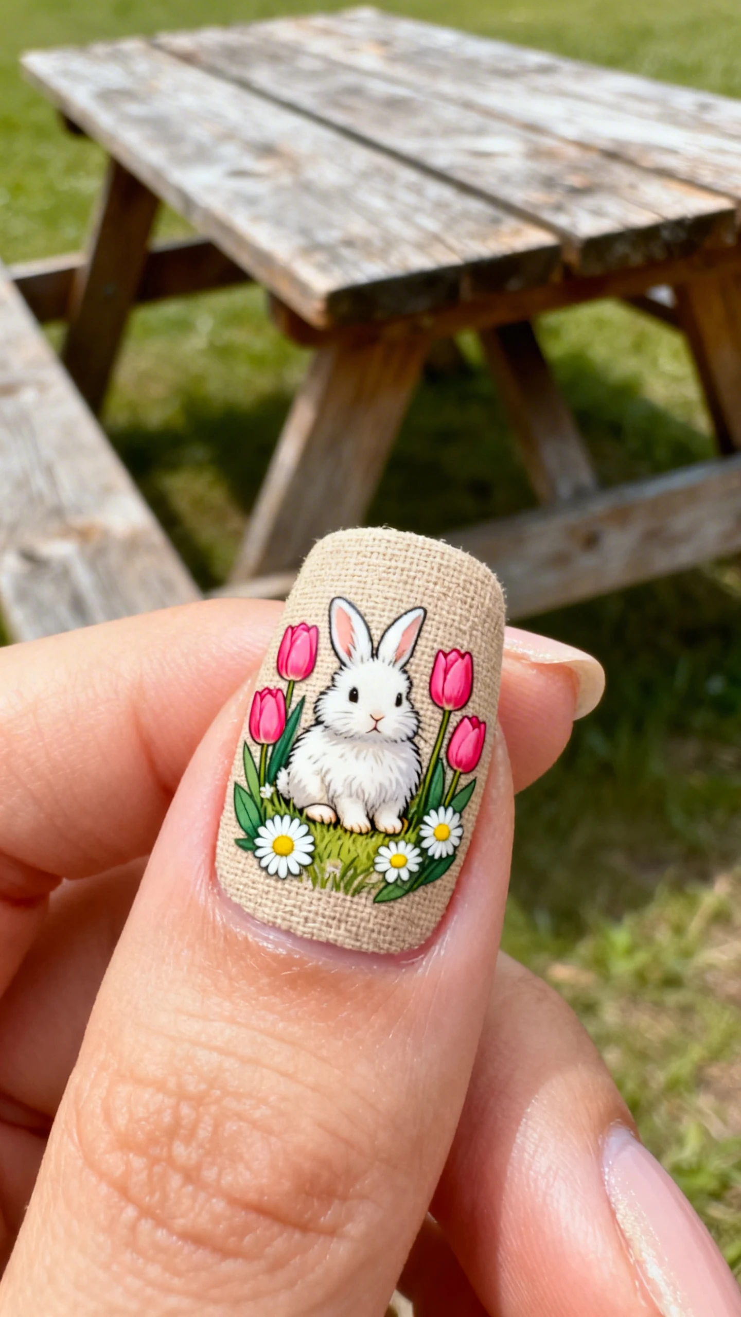 A beautiful macro photograph of one hand showing nail art in detail. The nails have a neutral, sandy beige base mimicking natural linen. The decals are highly detailed, full-color illustrations featuring a fluffy white bunny sitting in a patch of grass, surrounded by bright pink tulips, white daisies with yellow centers, and green leaves. High-resolution, sharp focus on the nails. Aesthetic background of a rustic wooden picnic table. Modern, Instagram-worthy photography style. No faces visible., macro nail photography, high quality, Instagram-worthy, clean composition