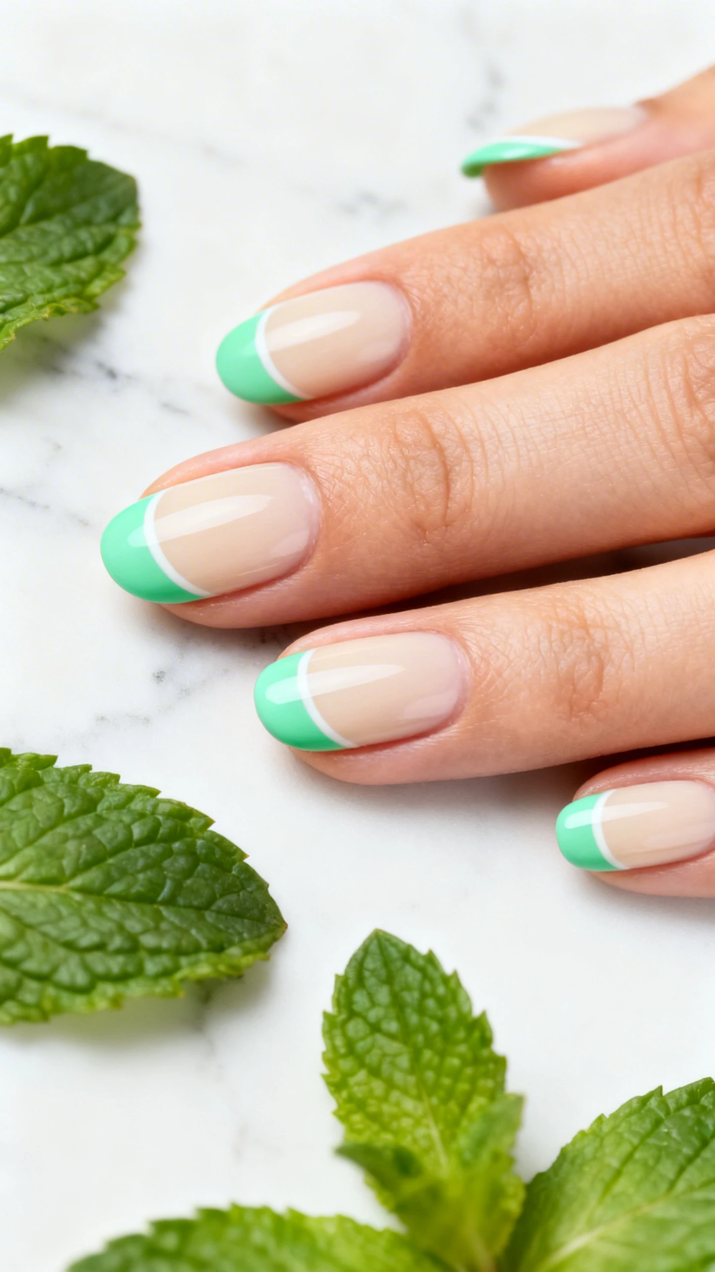 A beautiful macro photograph of one hand showing oval-shaped nails featuring a modern French tip design. The base of the nail is a soft, sheer beige, and the tips are painted in a crisp, cool-toned mint green with a slightly rounded smile line for a softer appearance. High-resolution, sharp focus on the nails. Aesthetic background of white marble and fresh mint leaves. Modern, Instagram-worthy photography style. No faces visible, focus ONLY on the nails and hand., macro nail photography, high quality, Instagram-worthy, clean composition