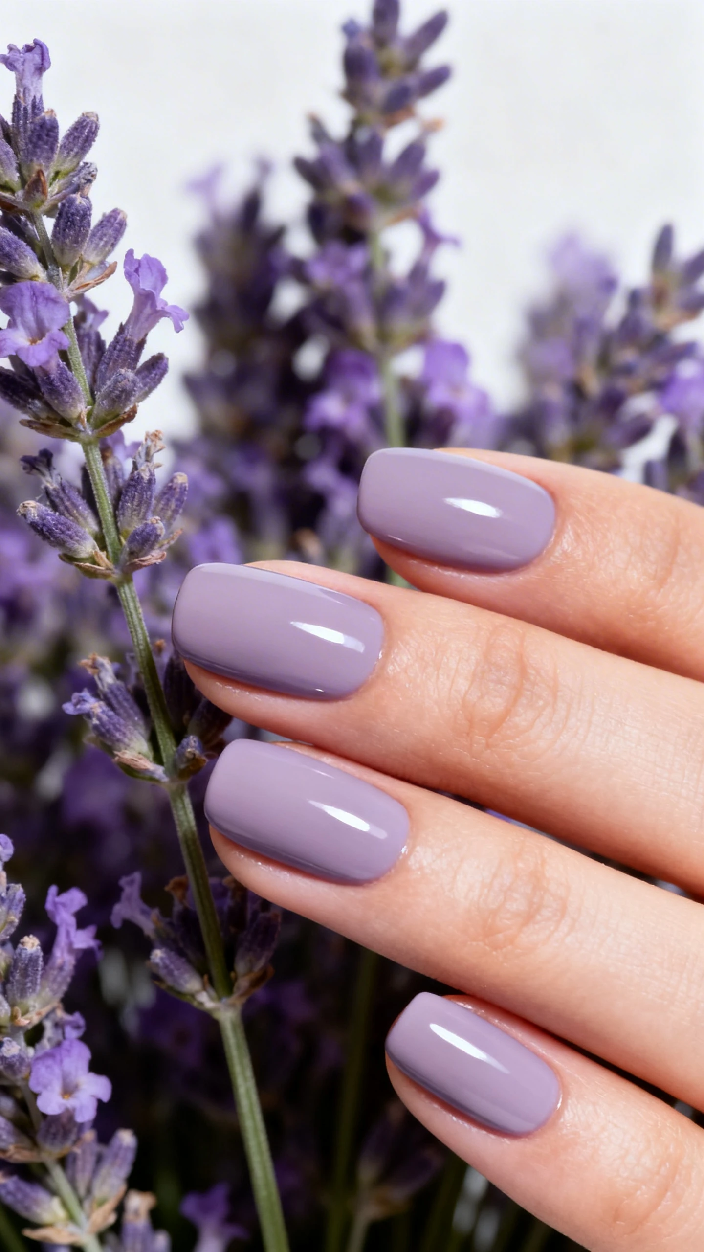 A beautiful macro photograph of one hand showing soft squoval nails painted in a highly pigmented, creme-finish dusty lavender. The finish is high-gloss and glass-like, looking completely smooth and opaque with no nail art. High-resolution, sharp focus on the nails. Aesthetic background of fresh blooming lavender flowers. Modern, Instagram-worthy photography style. No faces visible, focus ONLY on the nails and hand., macro nail photography, high quality, Instagram-worthy, clean composition