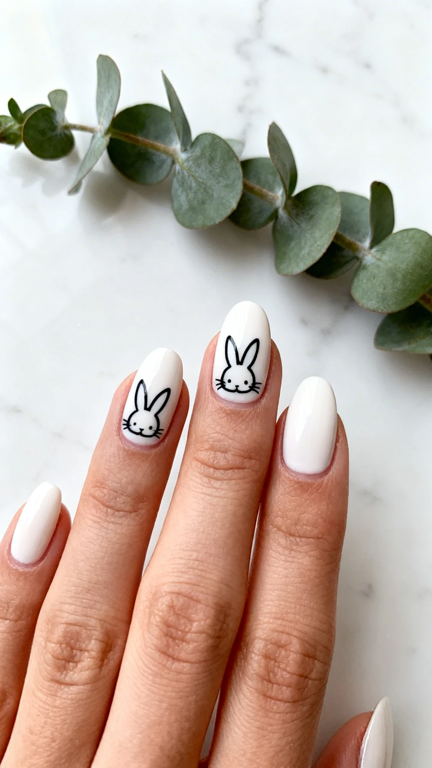 A beautiful macro photograph of one hand showing short to medium-length almond-shaped nails. The base color is a soft, milky white featuring minimalist black bunny silhouette stickers. High-resolution, sharp focus on the nails. Aesthetic background of smooth white marble and a sprig of eucalyptus. Modern, Instagram-worthy photography style. No faces visible, focus ONLY on the nails and hand., macro nail photography, high quality, Instagram-worthy, clean composition