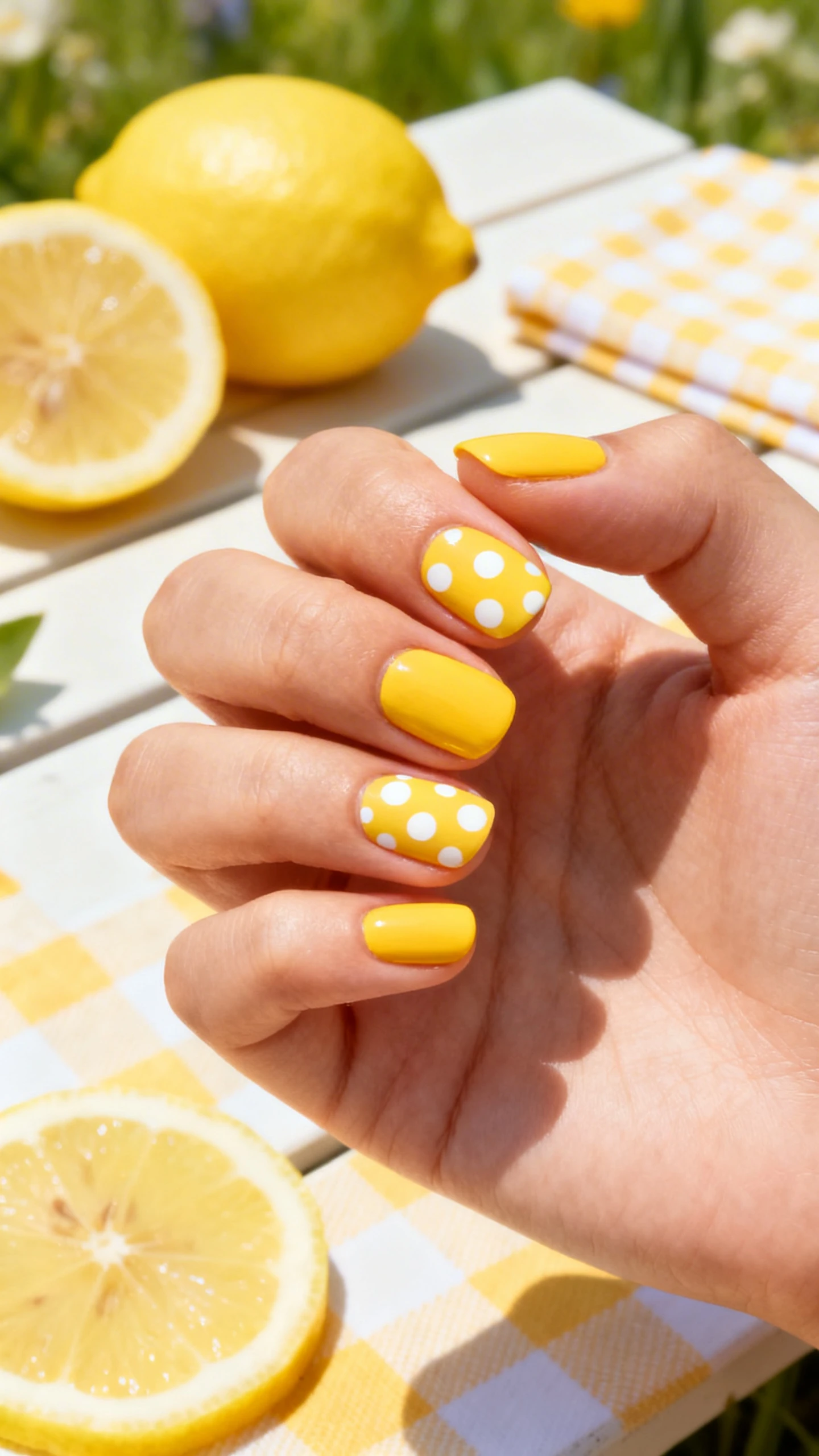 A beautiful macro photograph of one hand showing short, rounded nails painted in a vibrant, opaque sunflower yellow with a creamy, smooth finish. Two accent nails feature white polka dots of varying sizes scattered across the yellow base. High-resolution, sharp focus on the nails. Aesthetic background of a bright spring picnic table with fresh sliced lemons and a gingham cloth. Modern, Instagram-worthy photography style. No faces visible, focus ONLY on the nails and hand., macro nail photography, high quality, Instagram-worthy, clean composition