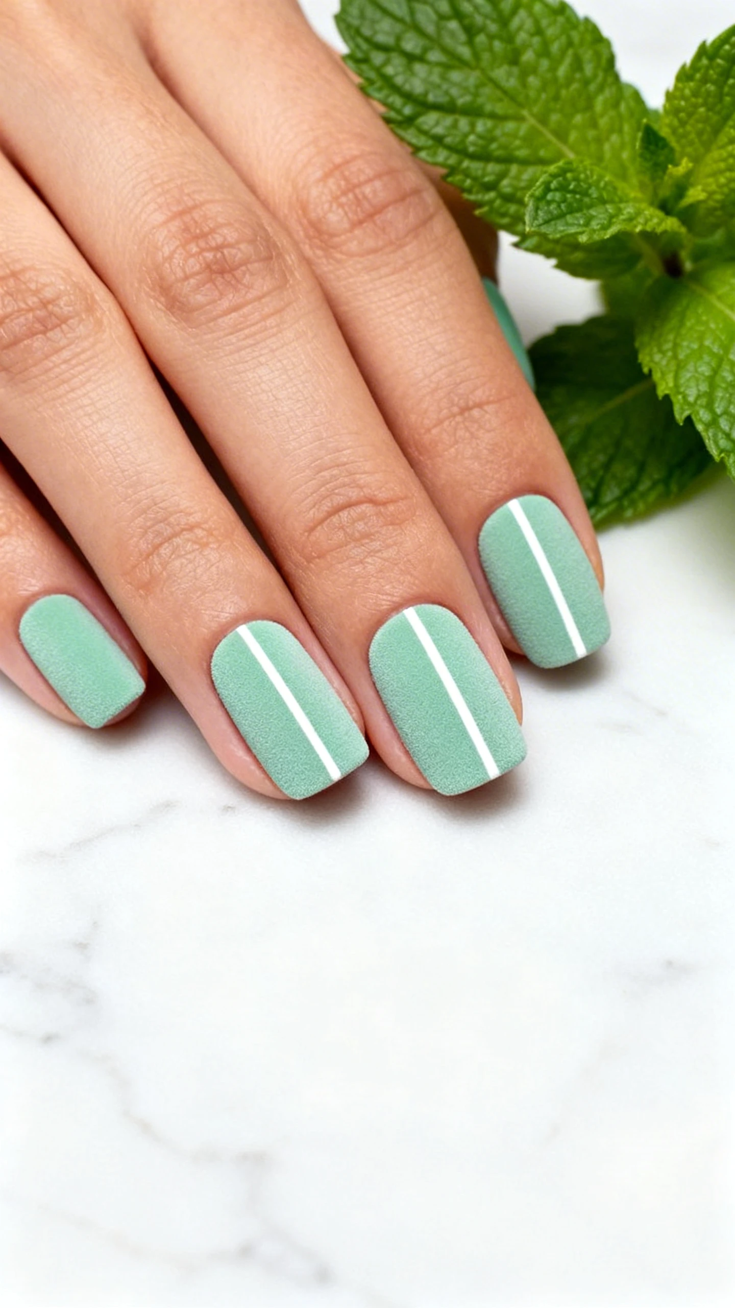 A beautiful macro photograph of one hand showing short squoval nails painted in an opaque, cool-toned pastel mint green with a velvety matte finish. A thin, vertical white stripe is drawn directly down the center of each nail. High-resolution, sharp focus on the nails. Aesthetic background of a clean white marble surface with fresh mint leaves. Modern, Instagram-worthy photography style. No faces visible, focus ONLY on the nails and hand., macro nail photography, high quality, Instagram-worthy, clean composition