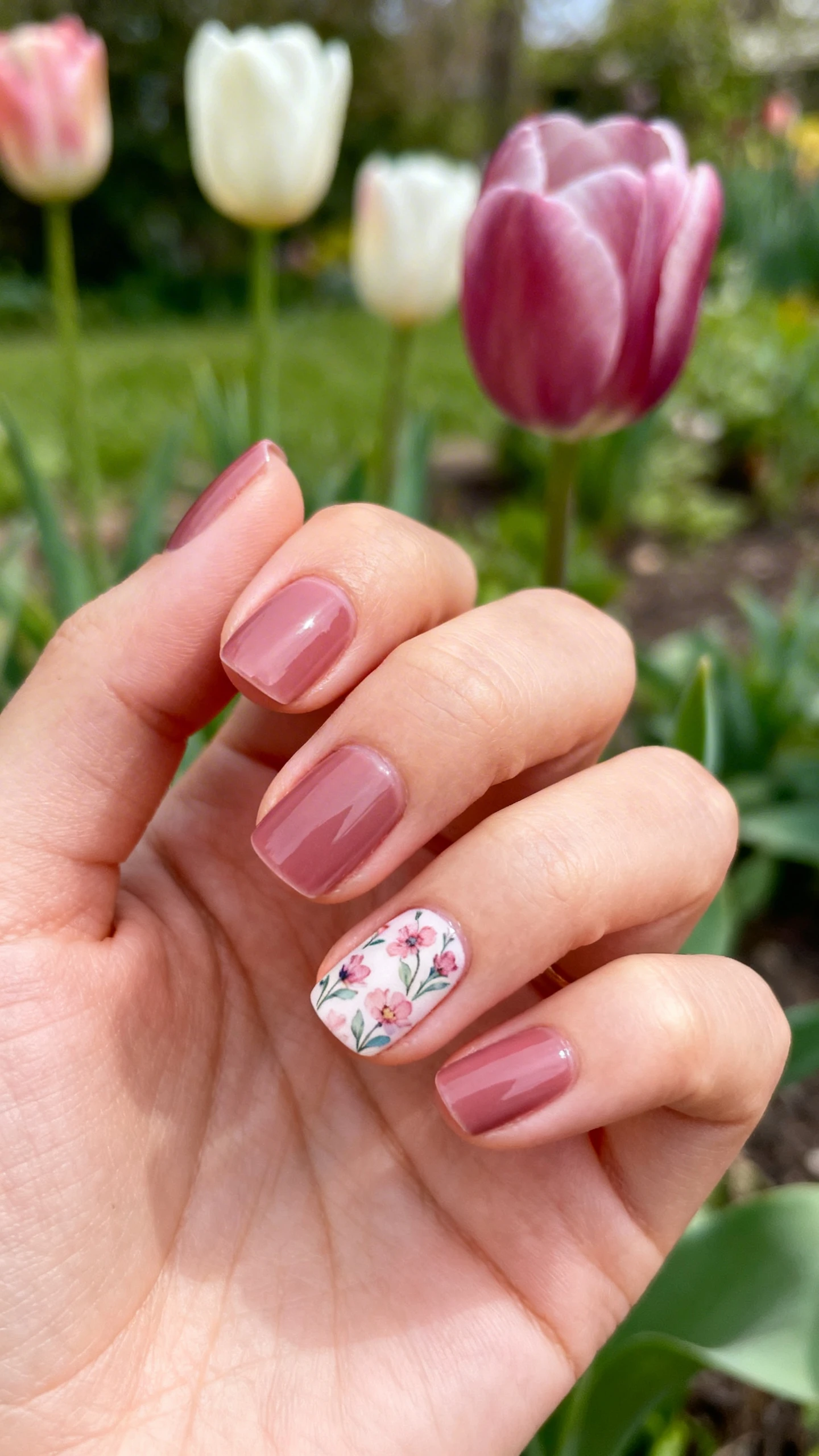 A beautiful macro photograph of one hand showing short, squoval-shaped nails. The base color is a sheer, dusty rose featuring delicate ditsy floral watercolor decals. High-resolution, sharp focus on the nails. Aesthetic background of a soft, blurred garden setting with fresh tulips. Modern, Instagram-worthy photography style. No faces visible, focus ONLY on the nails and hand., macro nail photography, high quality, Instagram-worthy, clean composition