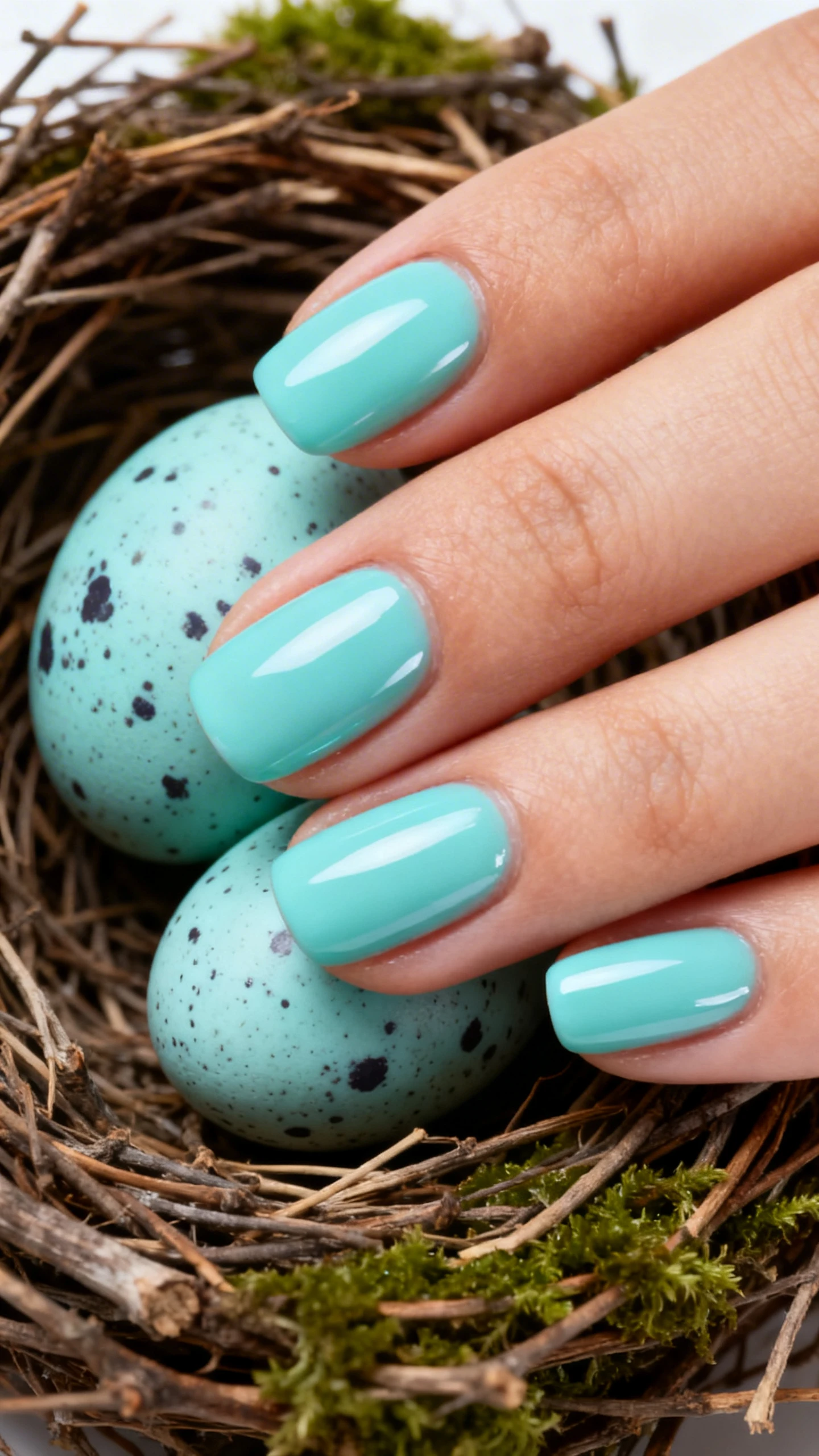 A beautiful macro photograph of one hand showing speckled robin egg blue nail art. The nails feature a glossy, light turquoise blue polish with realistic darker speckles mimicking a bird's egg shell. High-resolution, sharp focus on the nails. The background is a soft nest made of twigs and moss. Modern, Instagram-worthy photography style. No faces visible, focus ONLY on the nails and hand., macro nail photography, high quality, Instagram-worthy, clean composition