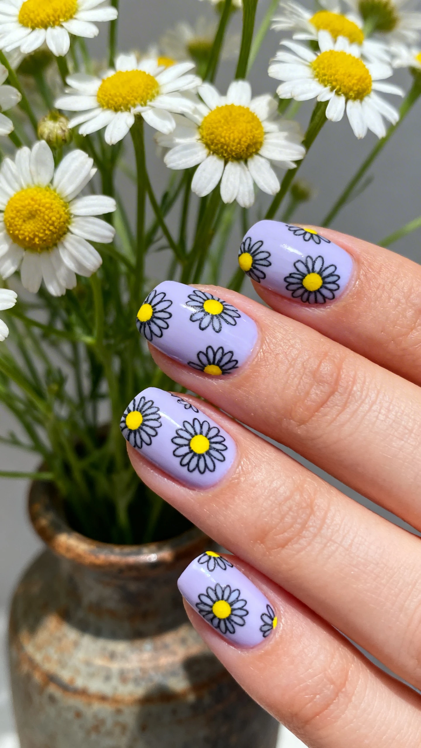 A beautiful macro photograph of one hand showing the nail design in detail. The nails feature a soft, creamy lilac base polish with scattered daisy clusters stamped in dark charcoal grey outlines and bright yellow centers. High-resolution, sharp focus on the nails. The aesthetic background features fresh daisies in a rustic vase. Modern, Instagram-worthy photography style. No faces visible, focus ONLY on the nails and hand., macro nail photography, high quality, Instagram-worthy, clean composition