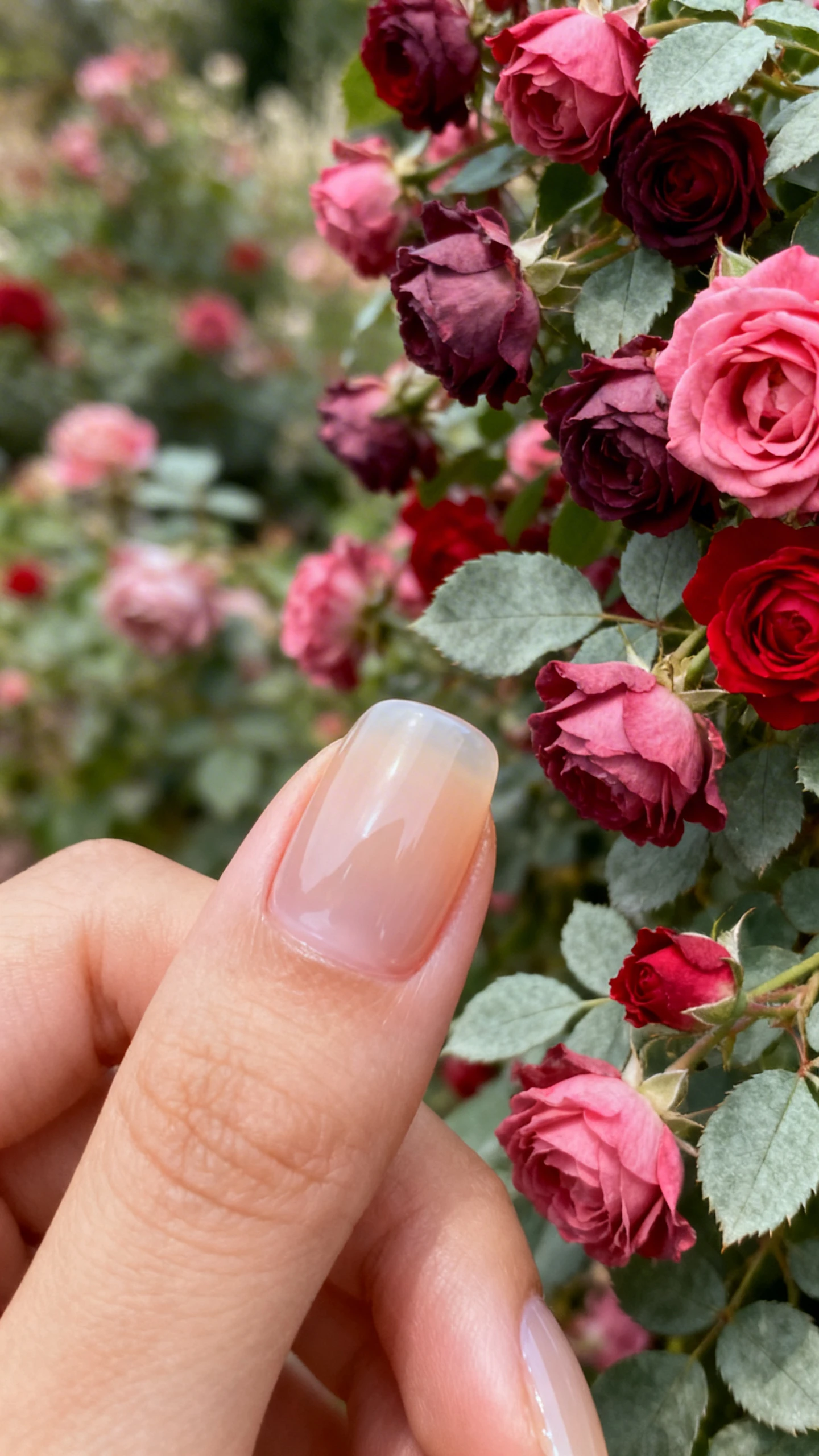 A beautiful macro photograph of one hand showing the nail design in detail. The nails have a sheer, milky beige jelly base that reveals the natural nail slightly, featuring a dense, cascading cluster of dark pink and red roses with sage green leaves in a vintage style. High-resolution, sharp focus on the nails. The aesthetic background is a blurred vintage rose garden. Modern, Instagram-worthy photography style. No faces visible, focus ONLY on the nails and hand., macro nail photography, high quality, Instagram-worthy, clean composition