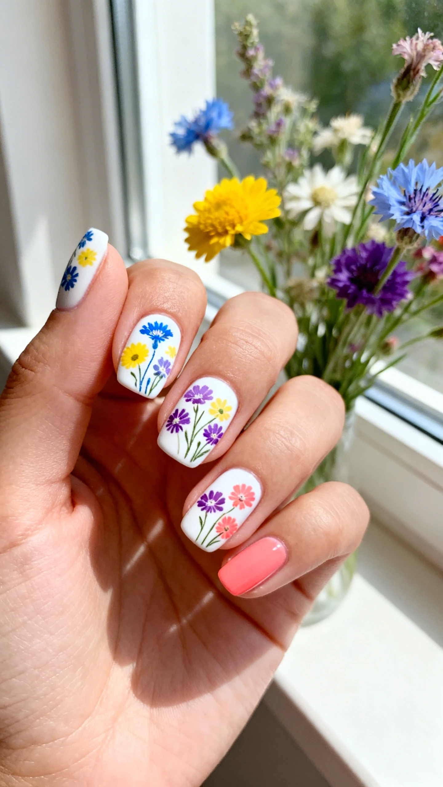 A beautiful macro photograph of one hand showing the nail design in detail. The nails feature a crisp white base acting as a canvas, stamped with a mix of abstract wildflowers in cornflower blue, sunny yellow, lavender purple, and coral pink at random angles with slight overlap. High-resolution, sharp focus on the nails. The aesthetic background consists of a bright, airy windowsill with wildflowers. Modern, Instagram-worthy photography style. No faces visible, focus ONLY on the nails and hand., macro nail photography, high quality, Instagram-worthy, clean composition