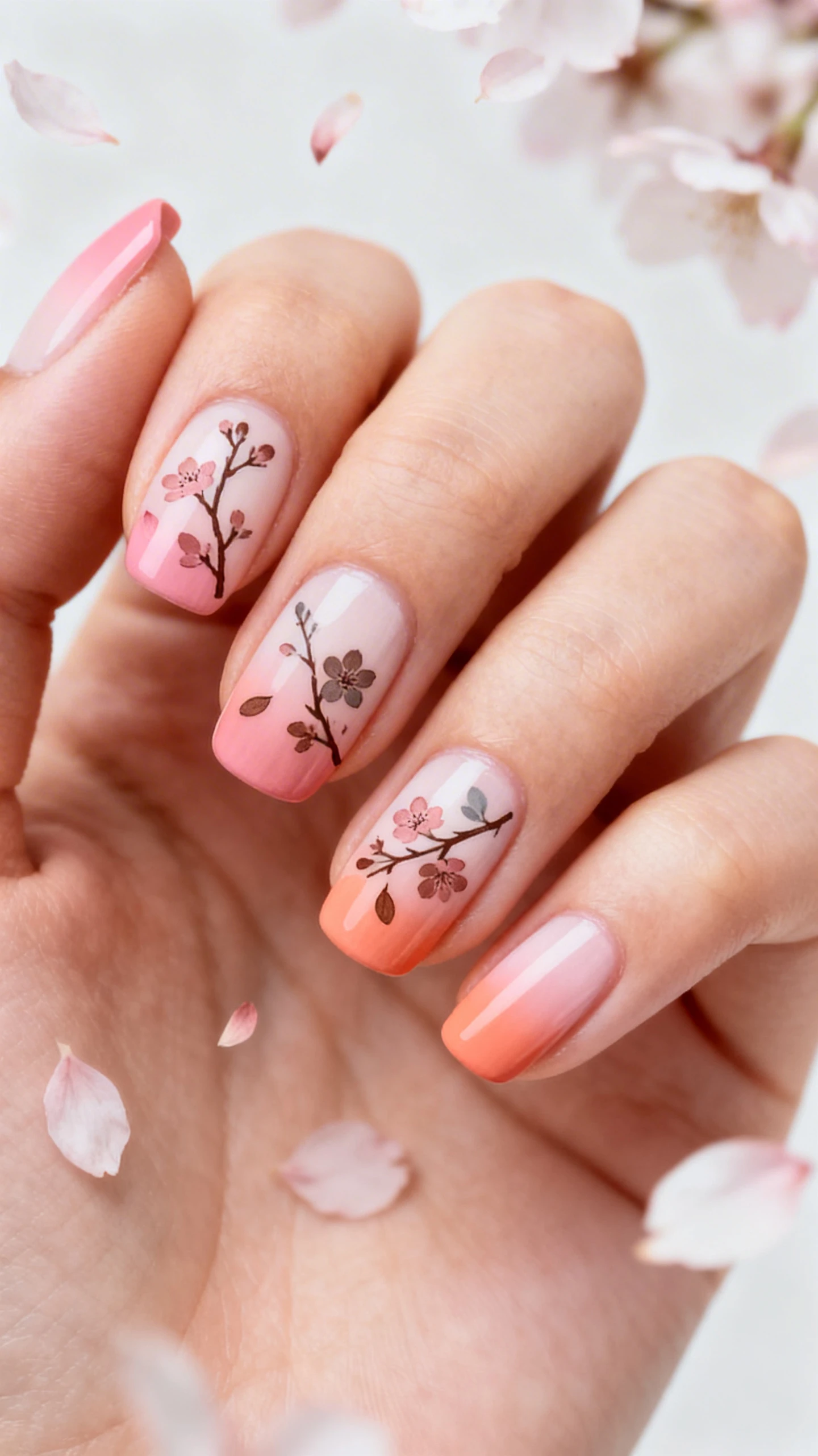 A beautiful macro photograph of one hand showing the nail design in detail. The nails display a soft gradient blending from pale pink at the cuticle to warm peach at the free edge, adorned with delicate cherry blossom branches and falling petals stamped in dusty rose and brownish-grey. High-resolution, sharp focus on the nails. The aesthetic background features soft falling cherry blossom petals. Modern, Instagram-worthy photography style. No faces visible, focus ONLY on the nails and hand., macro nail photography, high quality, Instagram-worthy, clean composition