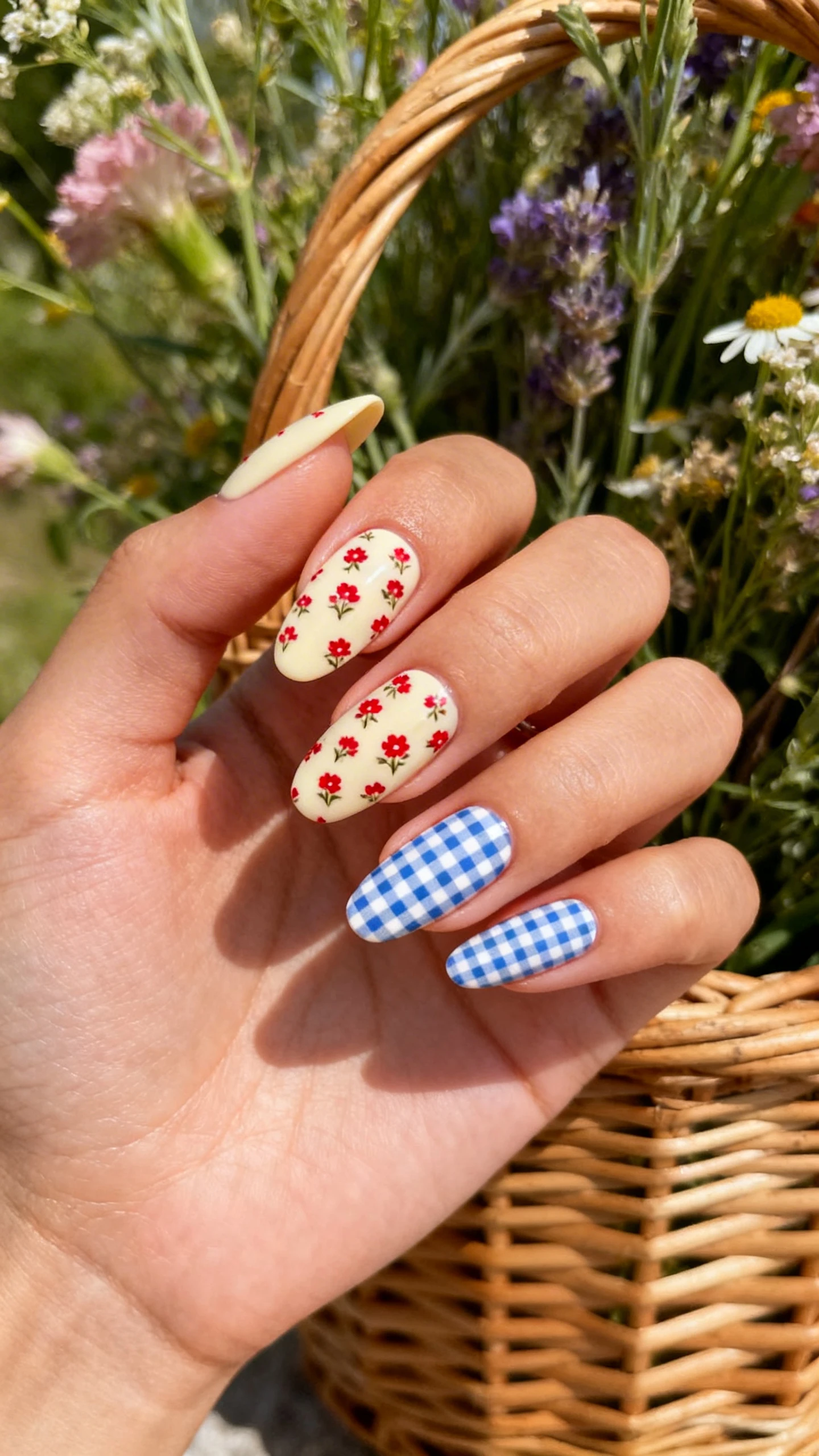 A beautiful macro photograph of one hand showing the nail design in detail. The nails have a soft, creamy almond base with some accent nails featuring a fine blue and white gingham check pattern, while the main nails are covered in tiny, micro-ditsy red flowers scattered densely. High-resolution, sharp focus on the nails. The aesthetic background includes a rustic wicker basket and wildflowers. Modern, Instagram-worthy photography style. No faces visible, focus ONLY on the nails and hand., macro nail photography, high quality, Instagram-worthy, clean composition
