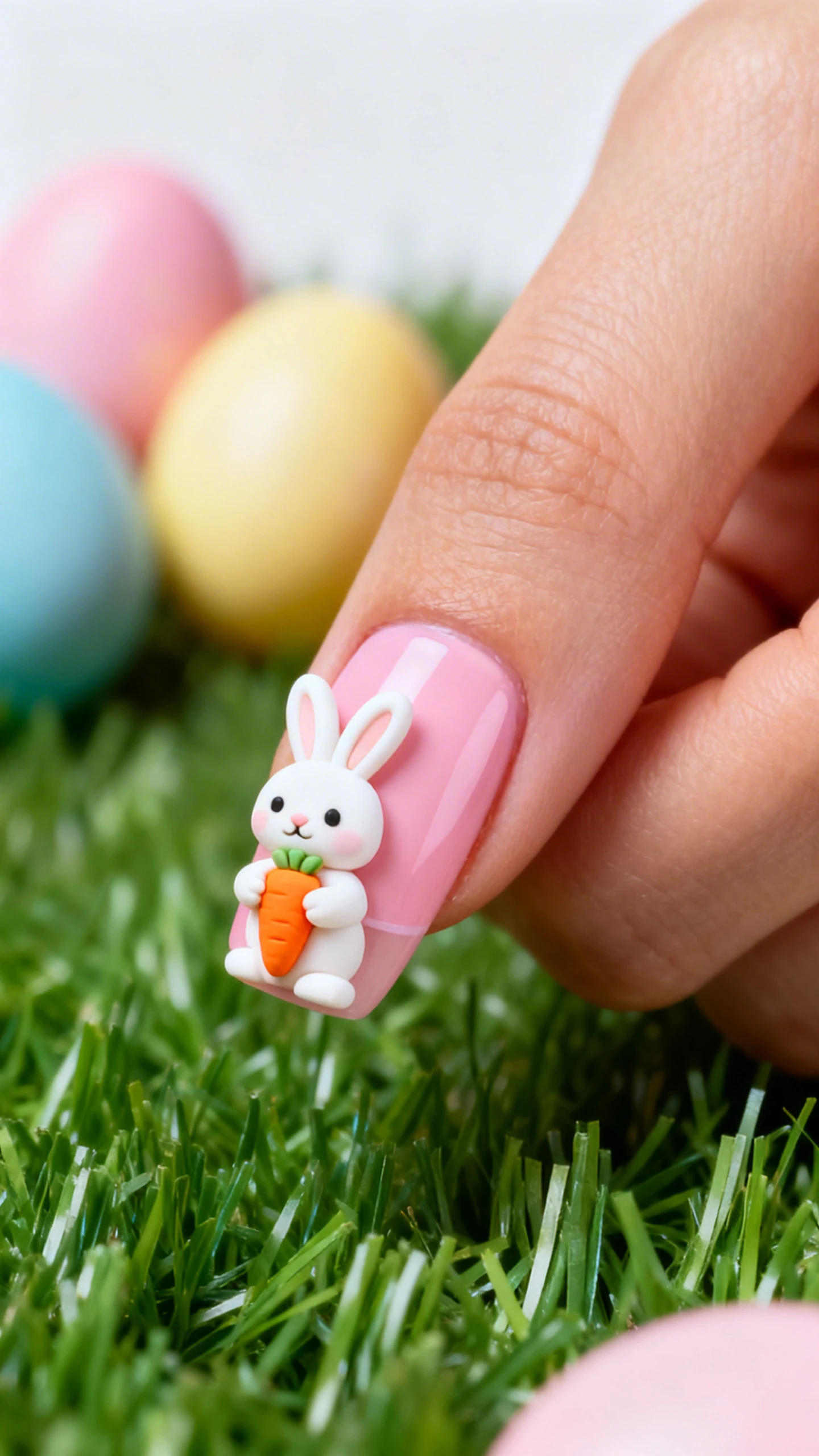 A beautiful macro photograph of one hand showing whimsical Easter nail art. The nails feature a soft pastel pink base with an accent nail displaying a cute 3D white bunny holding a tiny orange carrot. High-resolution, sharp focus on the nails. The background is a blurred arrangement of colorful Easter eggs and faux green grass. Modern, Instagram-worthy photography style. No faces visible, focus ONLY on the nails and hand., macro nail photography, high quality, Instagram-worthy, clean composition