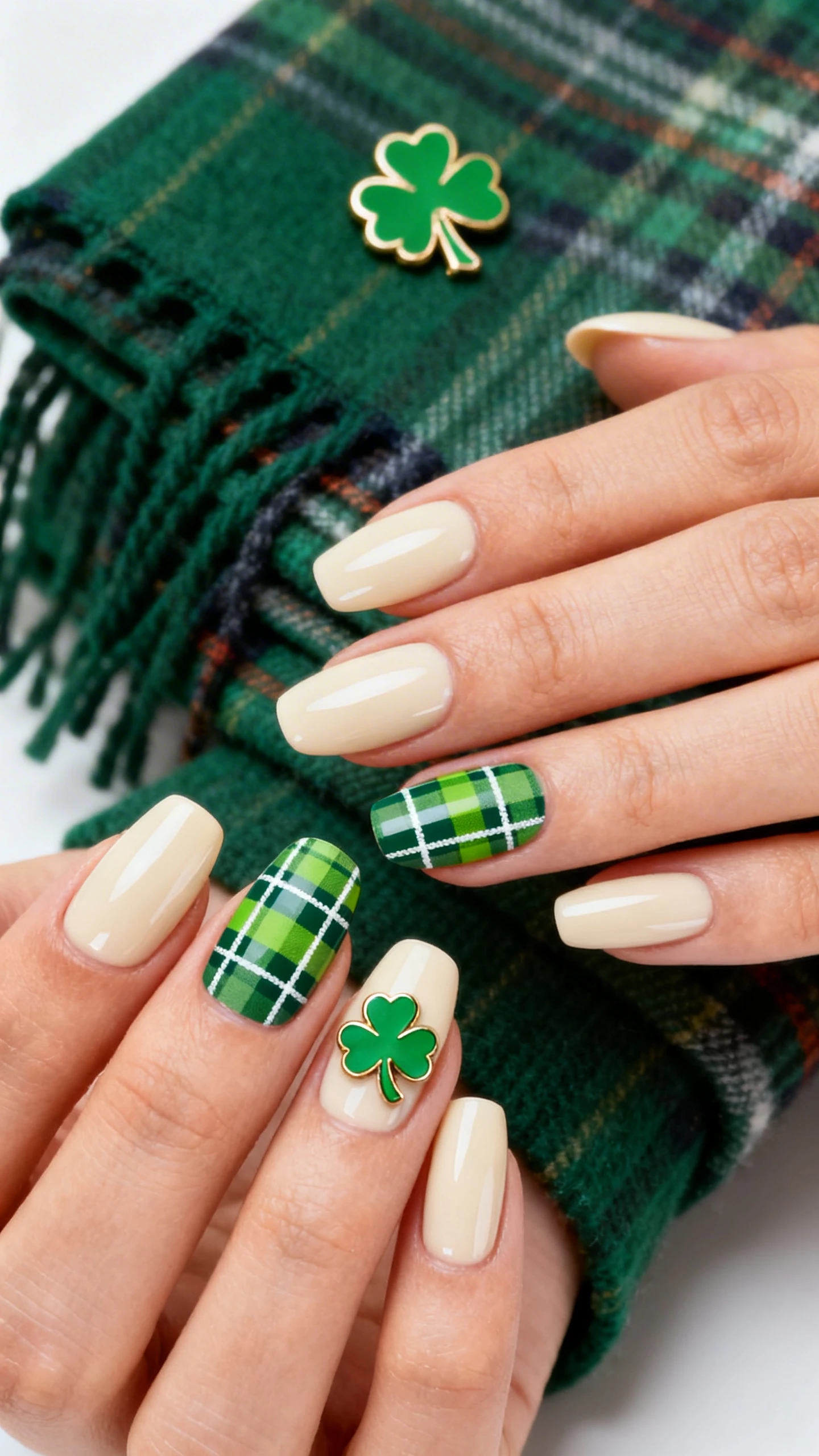 A beautiful macro photograph of one hand wearing medium-short almond press-ons with a semi-opaque cream base; two nails feature tidy plaid: thin forest and moss green lines with ultra-fine white highlight lines crossing at right angles to form 4–5 mm squares; remaining nails include a delicate Kelly green four-leaf clover accent on one finger; crisp, glossy finish; high-resolution, sharp focus; aesthetic background: folded tartan scarf in greens with a subtle shamrock charm; clean, modern composition; no faces, only the hand and nails.