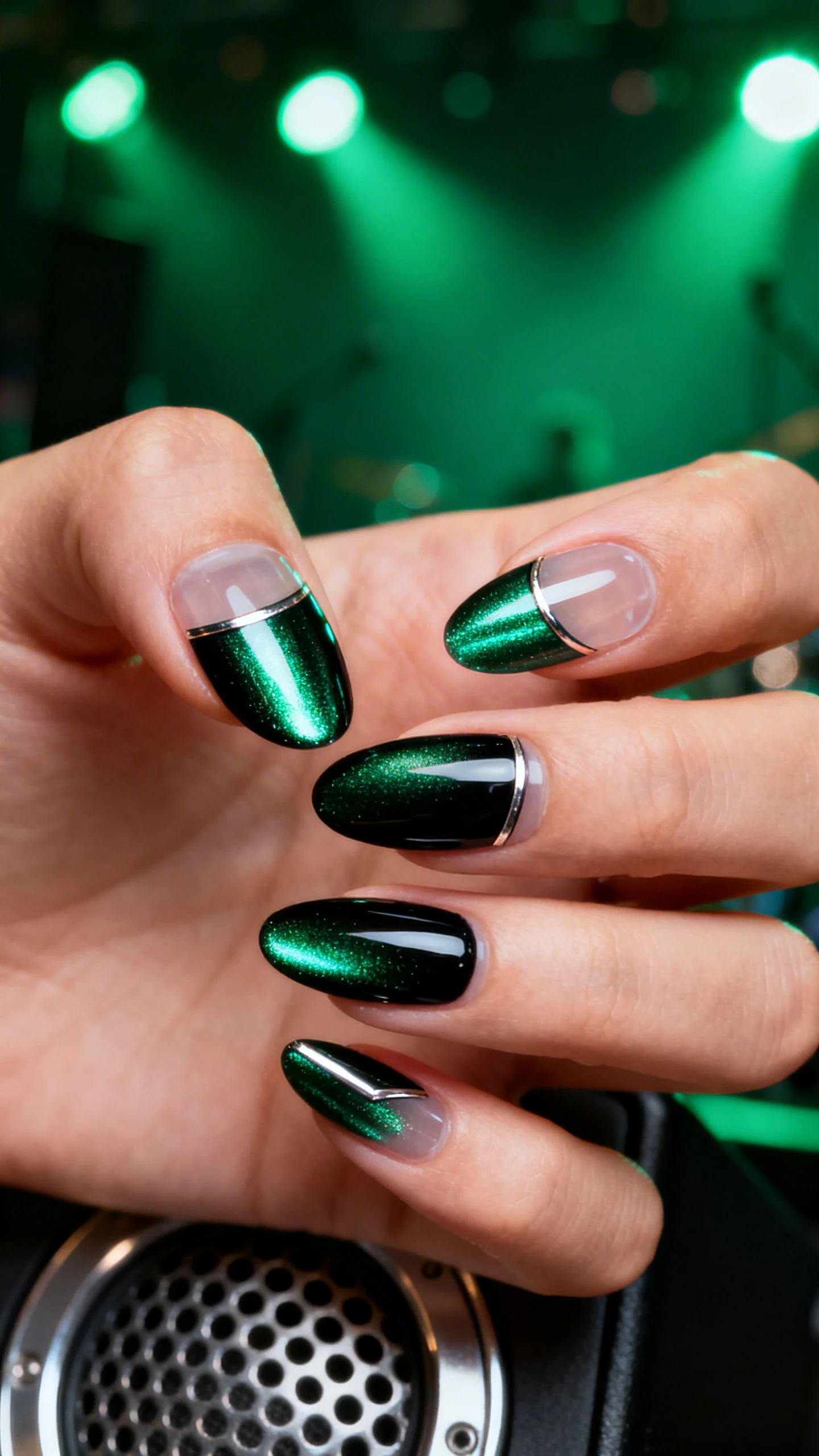 A beautiful macro photograph of one hand with almond-shaped nails showcasing Emerald City Chrome with Negative Space. Sheer, high-shine clear gel base with a curved half-moon negative space at each cuticle. Main color is a metallic emerald chrome burnished over a black gel base for rich depth; two nails per hand feature ultra-thin chrome French smile lines. Glossy topcoat, razor-sharp reflections. Background: moody concert green lighting with subtle metallic speaker-grille texture, soft bokeh. Modern, Instagram-worthy, high-resolution, sharp focus on the nails only, no face.