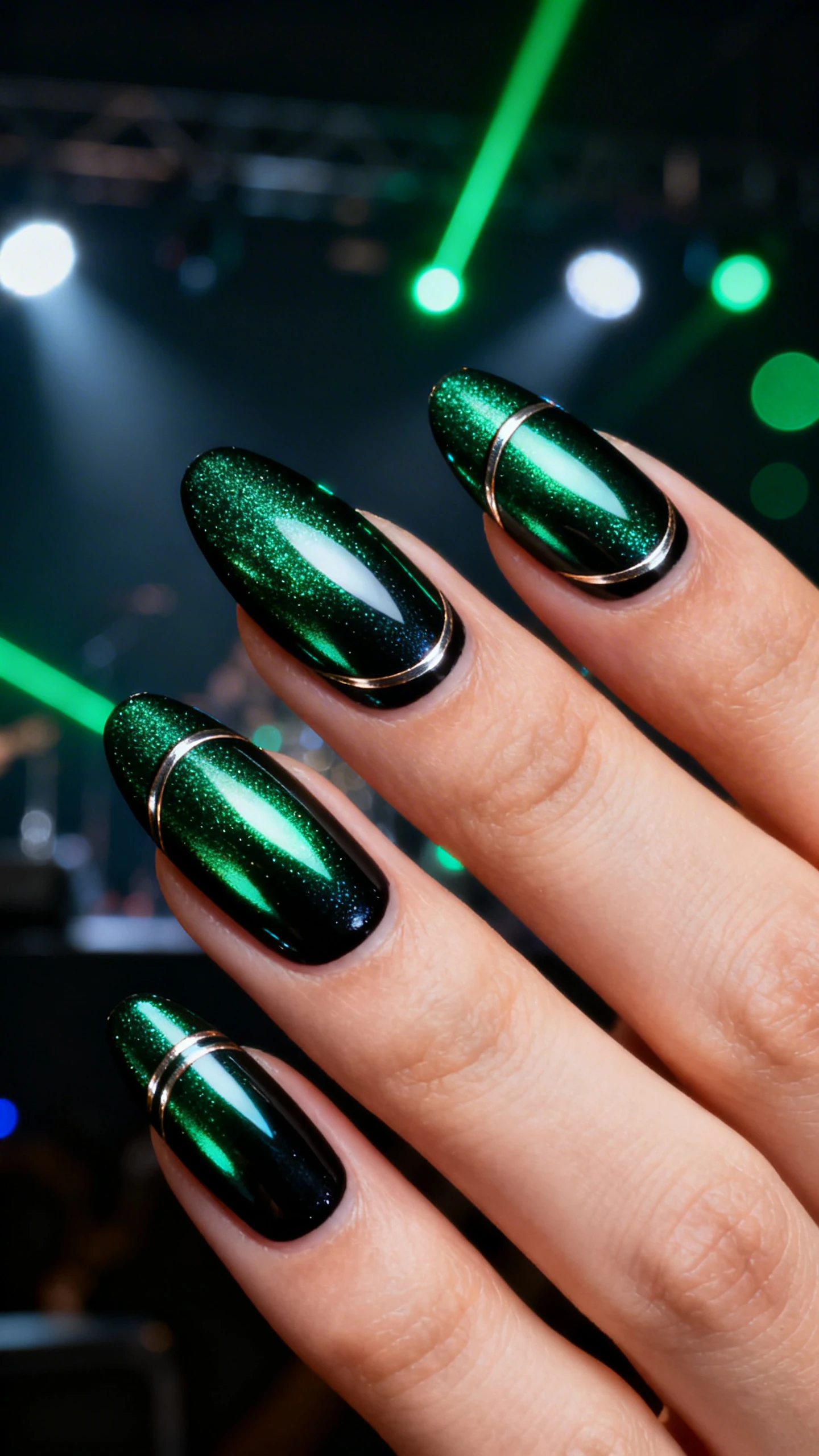 A beautiful macro photograph of one hand with medium almond nails, crisp sidewalls, in sharp focus. Nails have a thin clear rubber base, then a solid black gel base topped with deep emerald chrome powder burnished to a fully reflective mirror finish. Ultra-thin metallic striping accents trace along the sidewalls and cuticle arcs for a mic-drop, futuristic vibe. High-resolution, glossy reflections with no faces visible. Background: moody concert setting—dark stage lights and green lasers bokeh to echo the chrome emerald, Instagram-worthy studio lighting.