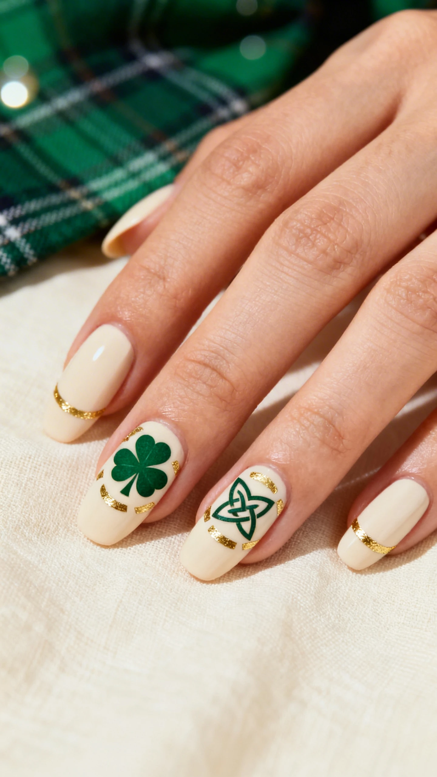 A beautiful macro photograph of one hand with medium almond nails painted a soft cream base; ring and middle fingers showcase centered four-leaf clover stencils filled with rich forest green, surrounded by delicate arcs and small segments of gold foil arranged like Celtic knotwork; remaining nails are minimalist cream with a fine gold foil arc near the cuticle; high-resolution, sharp focus on nail details and foil texture; background is a softly lit cream linen with a hint of green tartan cloth in bokeh for thematic context; modern, editorial, Instagram-ready, no faces, only the hand.