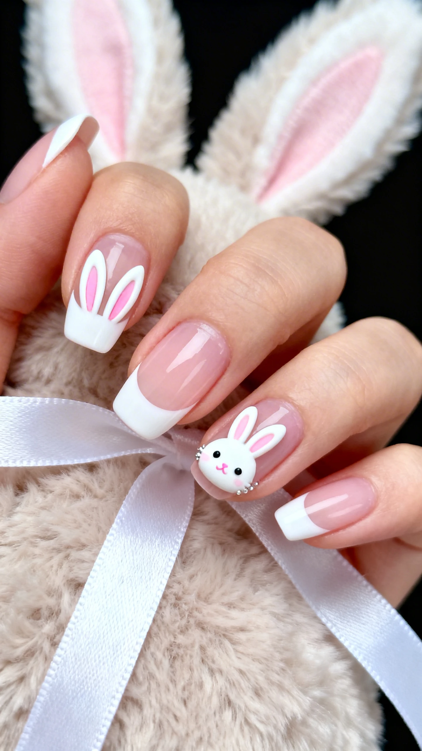 A beautiful macro photograph of one hand with medium almond nails, base of sheer pink or translucent beige. Micro-French tips in crisp white, 1–2 mm thick. At the center of each tip, two elongated white bunny ears pointing upward; ear interiors painted pastel pink. Ring finger accents: a small white bunny face at the tip border with tiny black dots for eyes and a delicate pink nose. High-resolution, sharp focus capturing fine brush detailing and clean lines. Aesthetic background: soft bunny plush texture and white ribbon, subtly blurred. Modern, Instagram-worthy style, no faces visible, only the hand and nails.