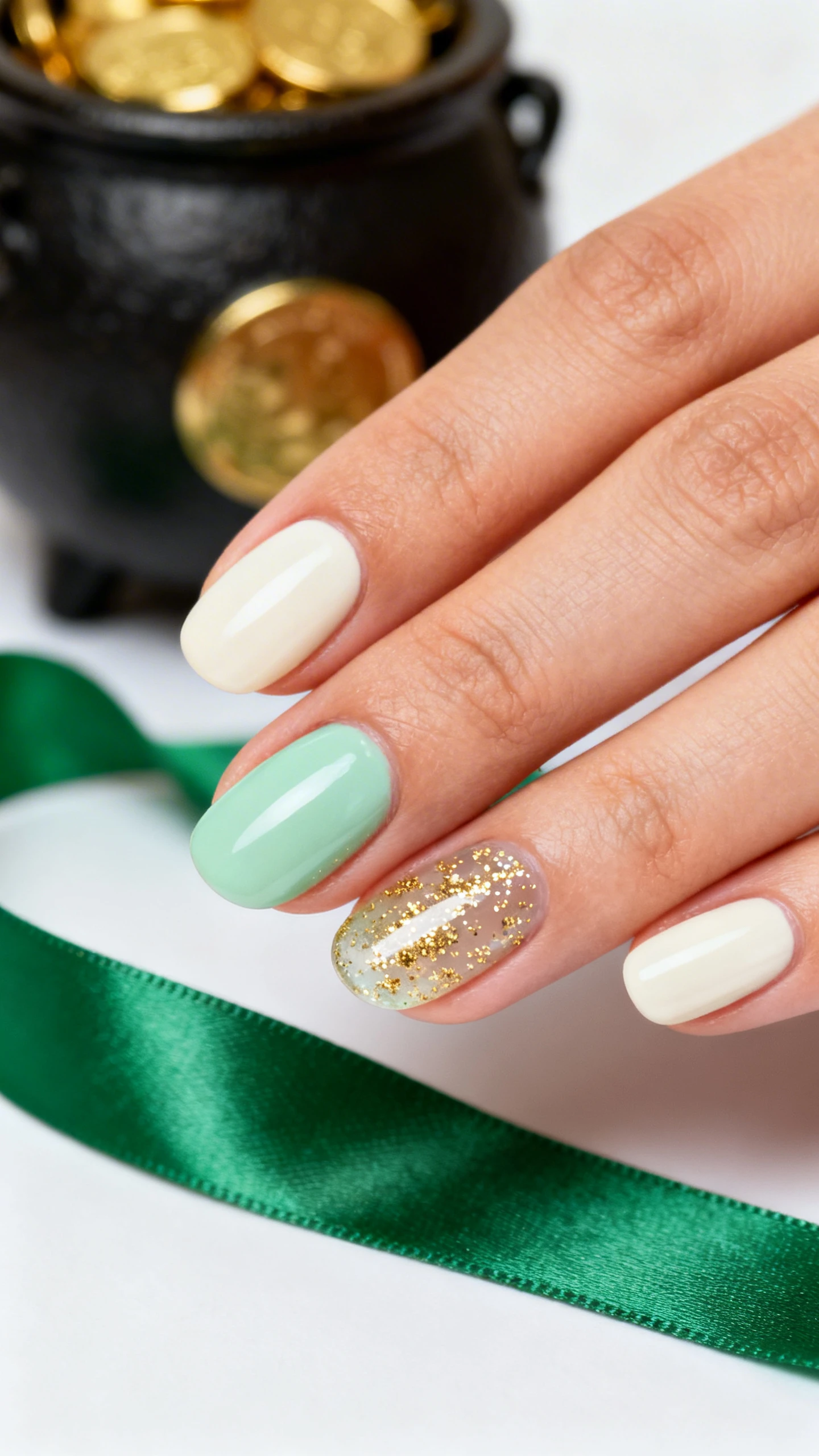 A beautiful macro photograph of one hand with medium oval nails; base colors: thumb, index, pinky in clean cream, middle and ring in soft mint green; fine gold micro-glitter clear top coat applied as a delicate veil over every nail, slightly denser at the cuticle fading toward the tip for an elegant gradient; high gloss finish; aesthetic background featuring a blurred pot-of-gold prop and green satin ribbon; high-resolution, sharp focus on the glitter distribution and smooth curves of the oval shape; modern, Instagram-worthy style; no faces, only the hand and nails.