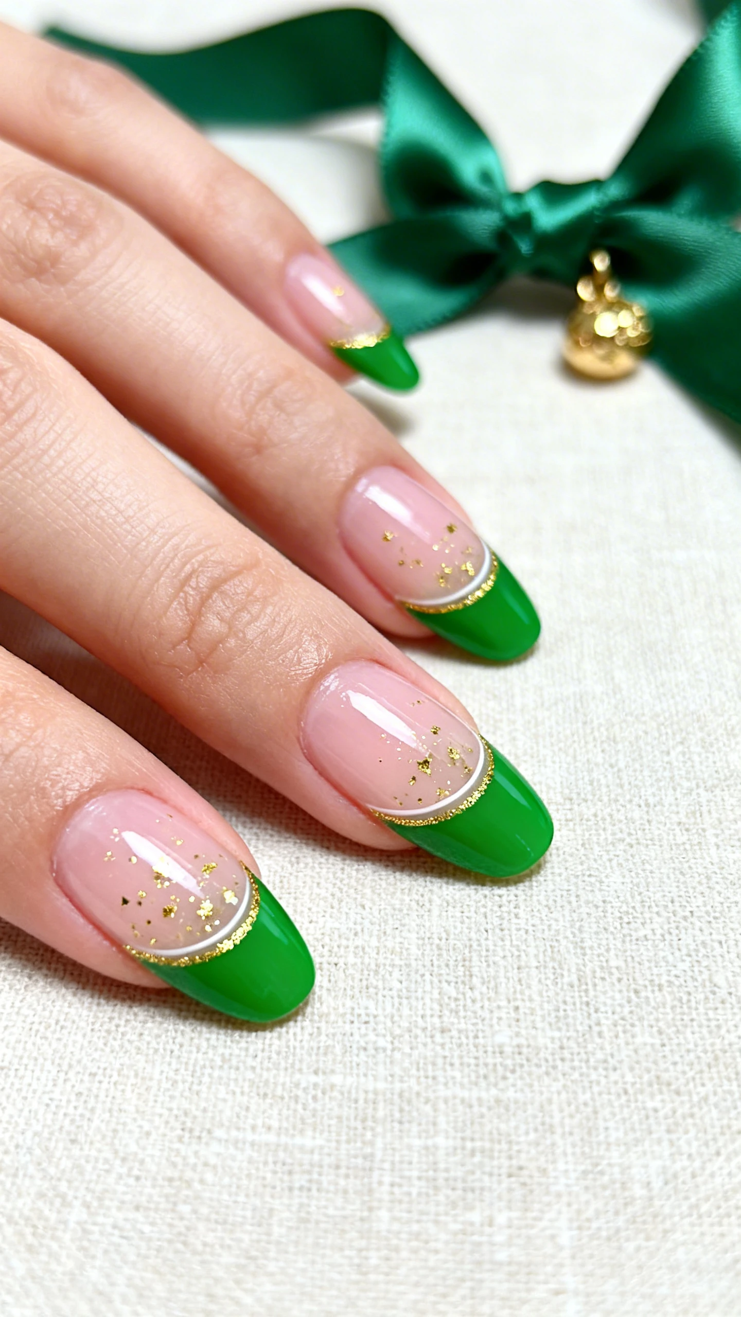 A beautiful macro photograph of one hand with medium oval or almond nails featuring a sheer pink or cream builder base and precise bright clover green French tips, each cuticle traced with a delicate halo of fine, light-scattering gold flakes in a clear jelly; crisp smile lines, ultra-clean cuticle work, and even spacing of gilding; high-resolution, sharp focus to capture the micro-flake sparkle; aesthetic background of pale linen with a green satin ribbon and a tiny gold charm softly blurred; modern, Instagram-worthy styling; no faces visible, focus only on the nails and hand.